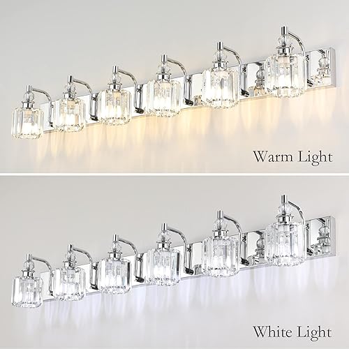 Miniatura 3 de Ralbay Luces de tocador de cristal, 6 luces de 48 pulgadas, modernas lámparas de baño de cristal sobre espejo largo, luz de tocador cromada de acero