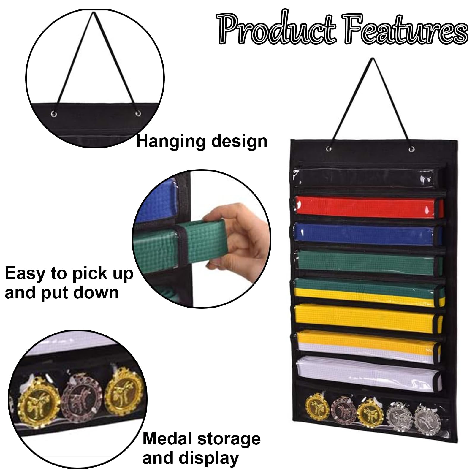 Organizer Per Cinture Arti Marziali - Espositore Da Parete Per 8 Cinture Karate, Taekwondo, 66x40 Cm - Foto 2