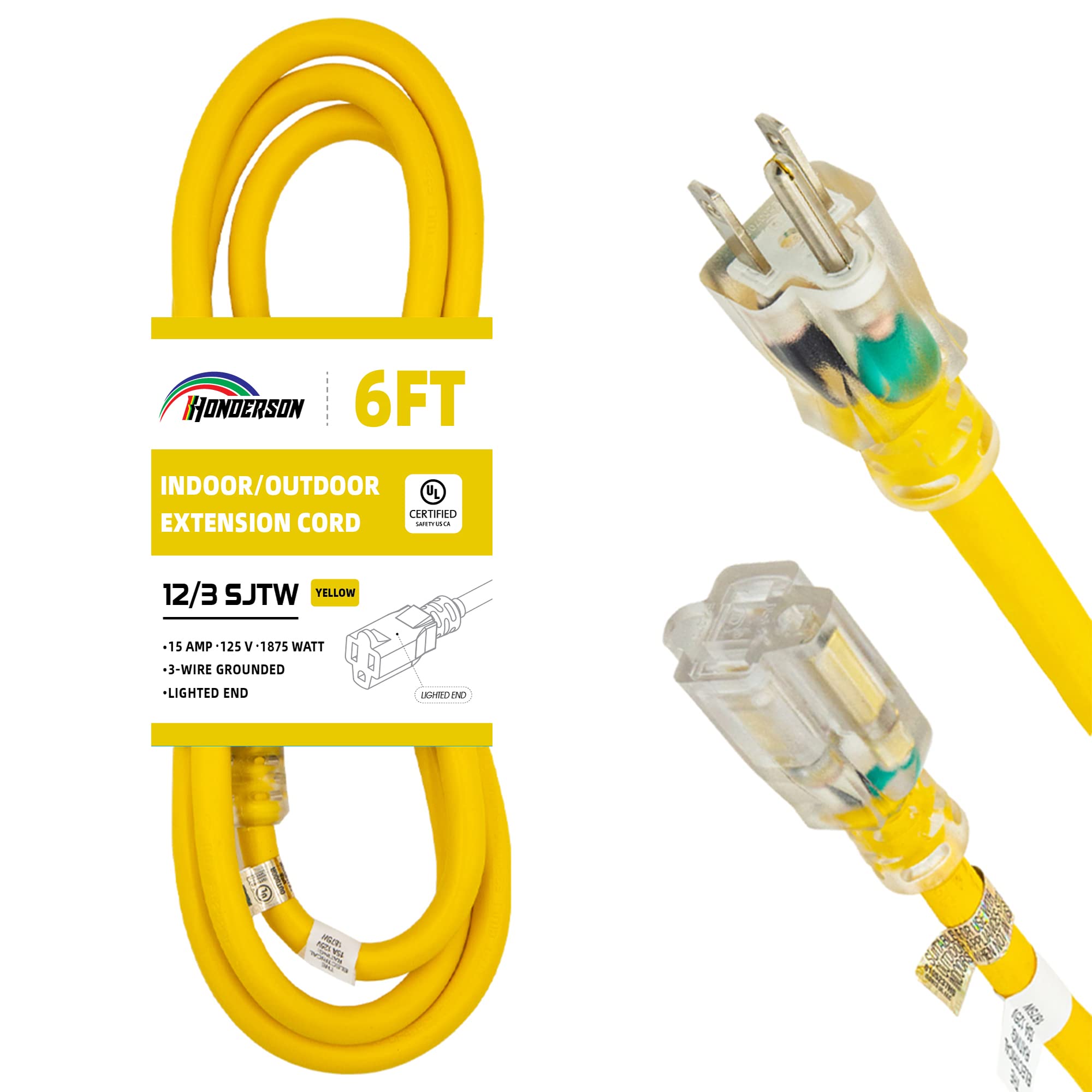 6FT 12/3 Lighted Outdoor Extension Cord - 12 Gauge SJTW Heavy Duty Yellow Extension Cable with 3 Prong Grounded Plug for Safety,UL Listed