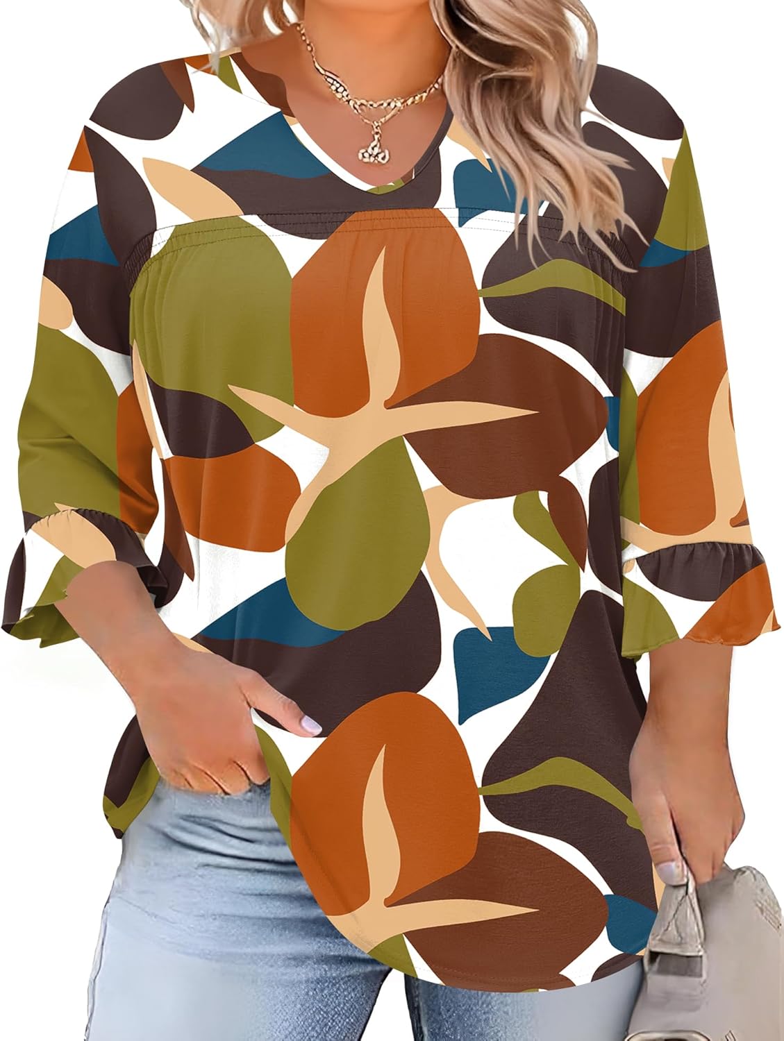 TFSDOD Plus Size Tops for Women V Neck 3/4 Sleeve Pleated Blouses Dressy Casual Fashion Tunic Top (1X-5X)