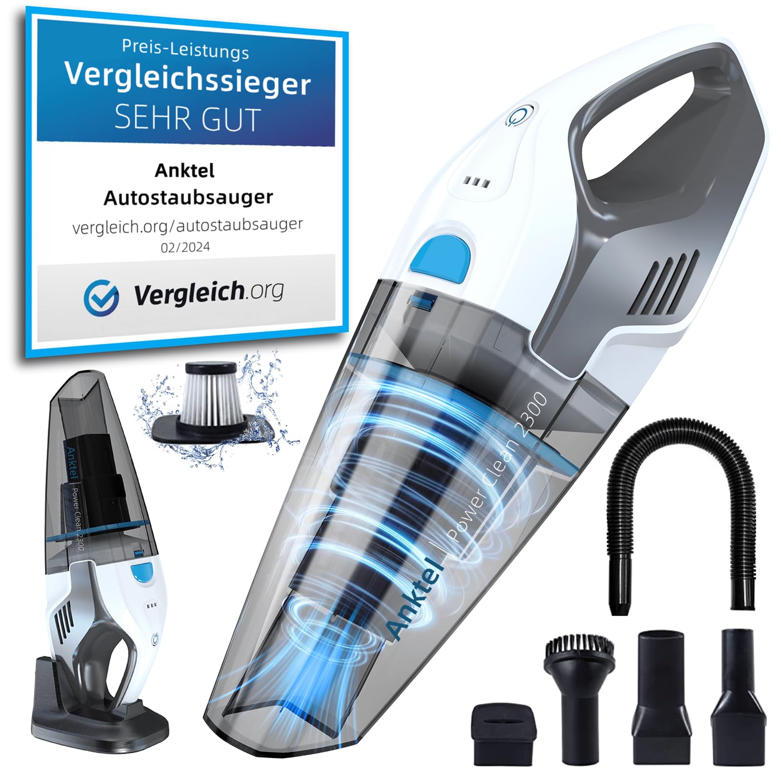 Anktel Handstaubsauger Testsieger mit Ladestation -PowerClean2300- Handstaubsauger Akku Kabellos Nass&Trocken mit Waschbar HEPA-Filter Handsauger Beutellos Staubsauger Ersatzfilter