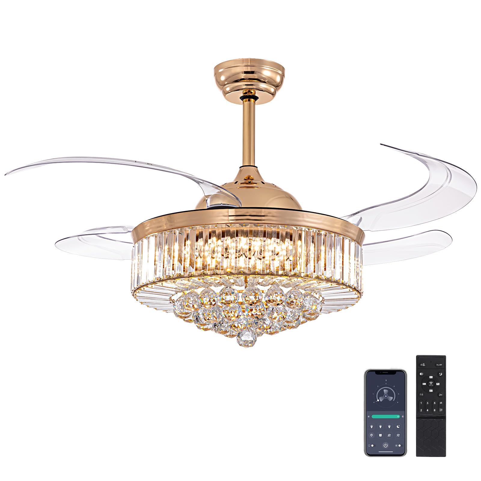 48 Inch Crystal Ceiling Fan with LED Light and Remote Control?Retractable Fandelier Ceiling Fan for Bedroom, Living Room, Dining Room