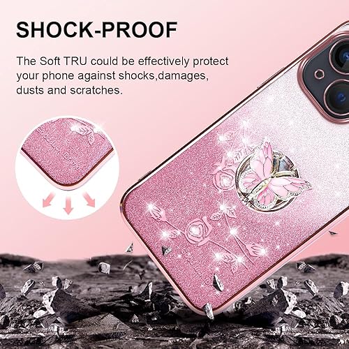 Miniatura 2 de Funda protectora para Apple iPhone 14 (6.1 pulgadas), para mujeres y niñas, funda protectora de TPU con diseño floral de mariposa con purpurina y