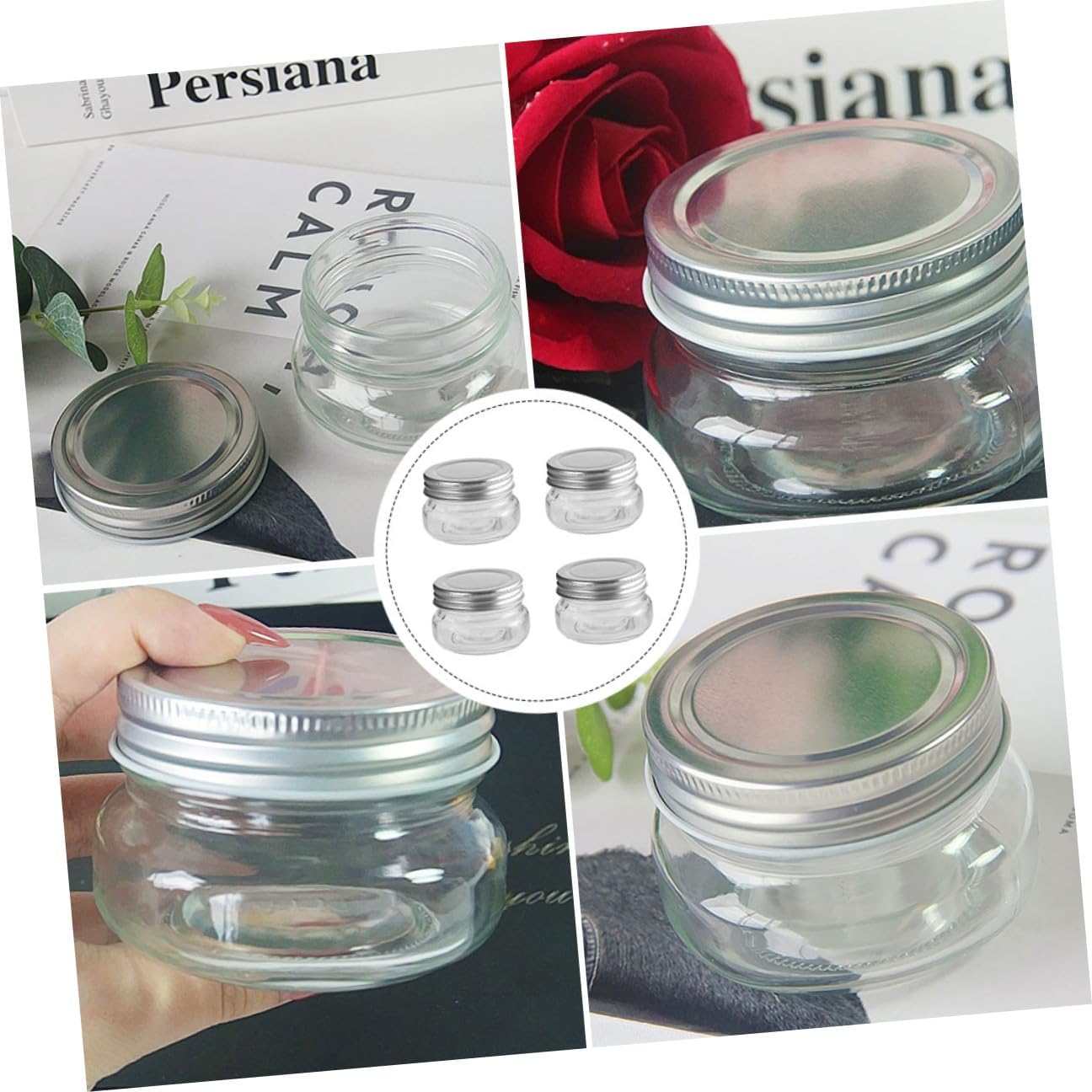 LIFKOME 4pcs 150ml Glass Candy Jars with Body and Aluminum Lids Small round Candy Storage Containers for Christmas DIY Sweet Jars