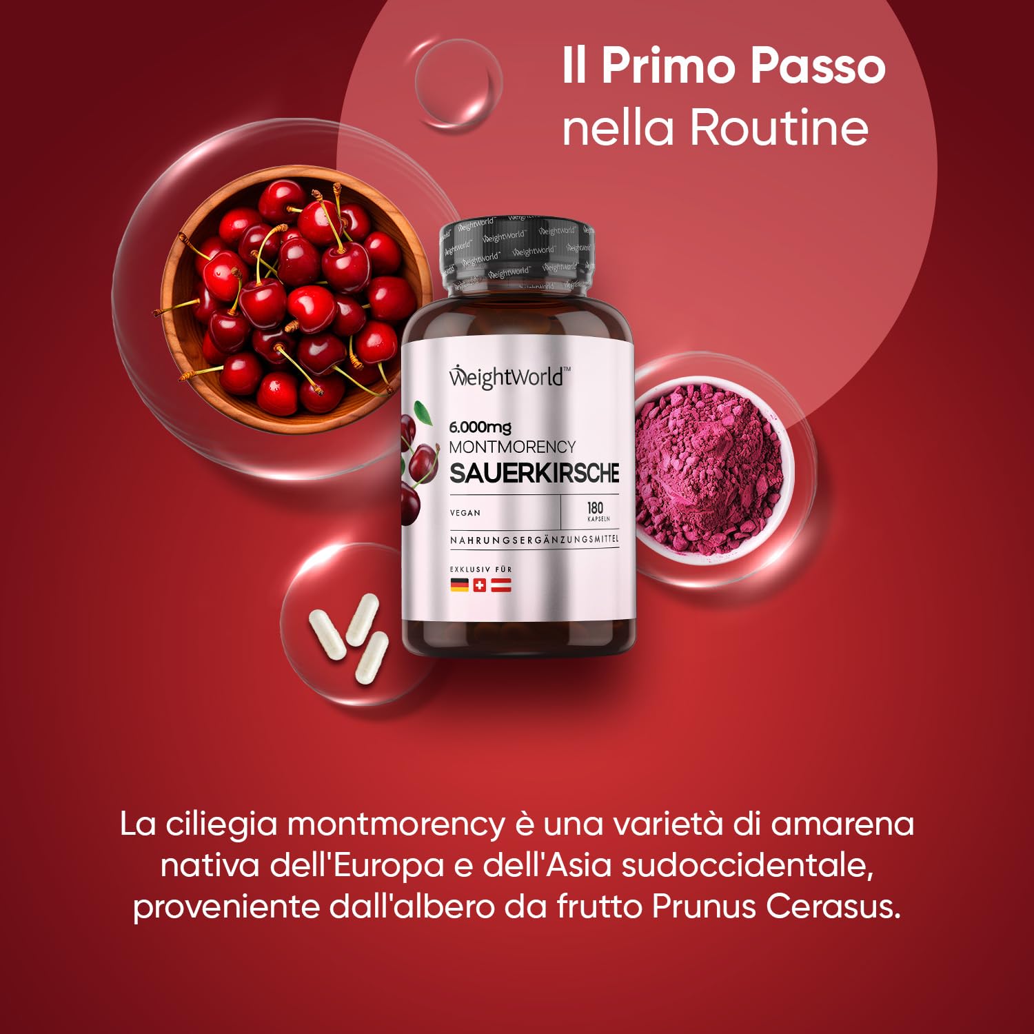 Montmorency Cherry in 180 Capsule Vegane, 6000mg per Dose (3 Mesi di Scorta), Estratto 50:1 di Ciliegia Prunus Cerasus, Integratore Cherry Montmorency Senza Glutine né OGM, Prodotto nel Regno Unito