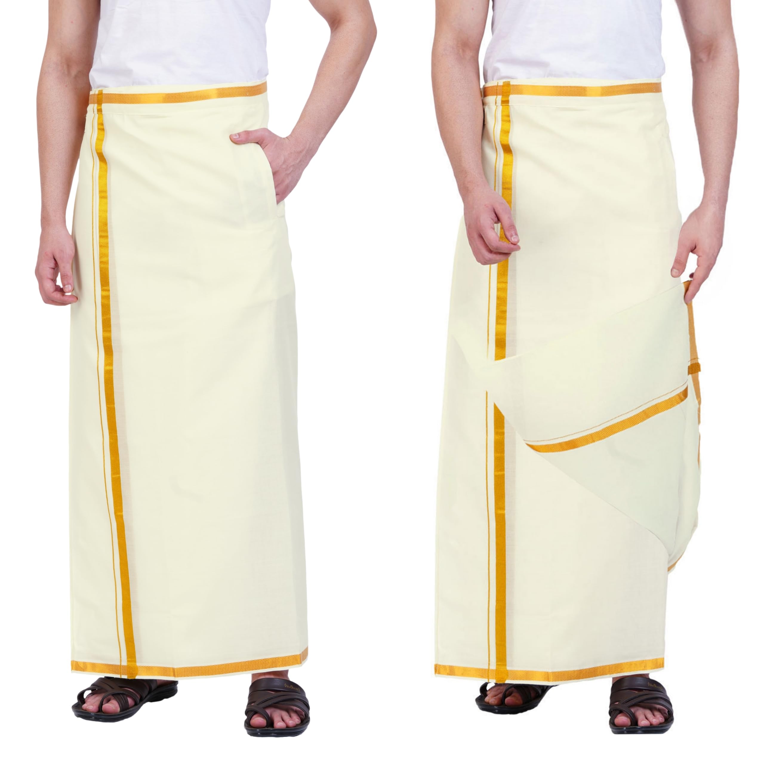 Prakasam Cotton Mens Free Size Stitched Double Layer Cream Dhoti/Mens Cotton Double Stitched Dhoti (Pack Of 1 Dhoti Only)