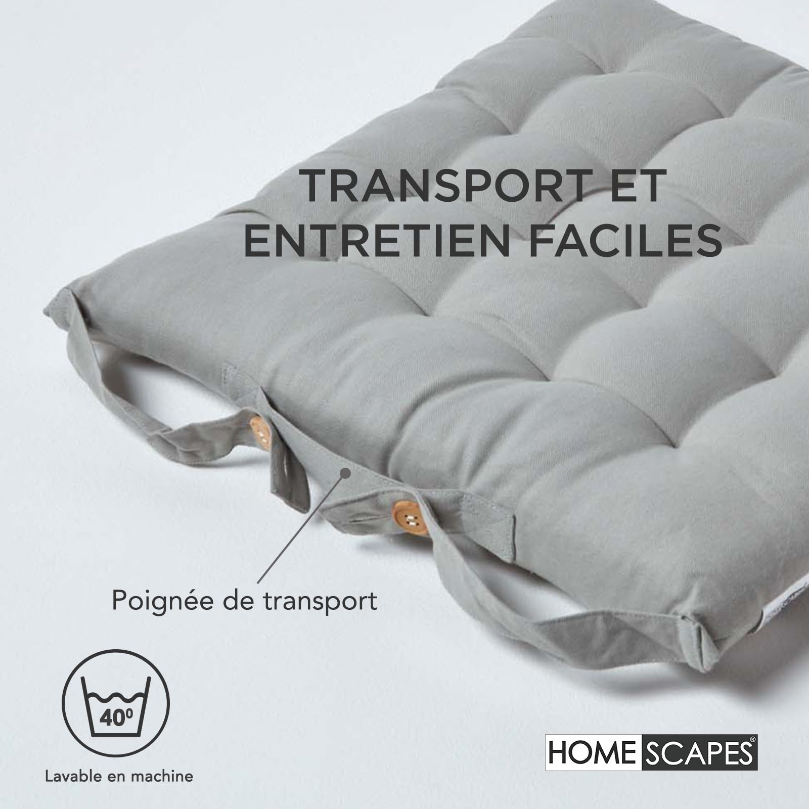 HOMESCAPES Galette de Chaise 40x40 cm, Lot de 6, Coussin de Chaise en Coton, Coloris Gris