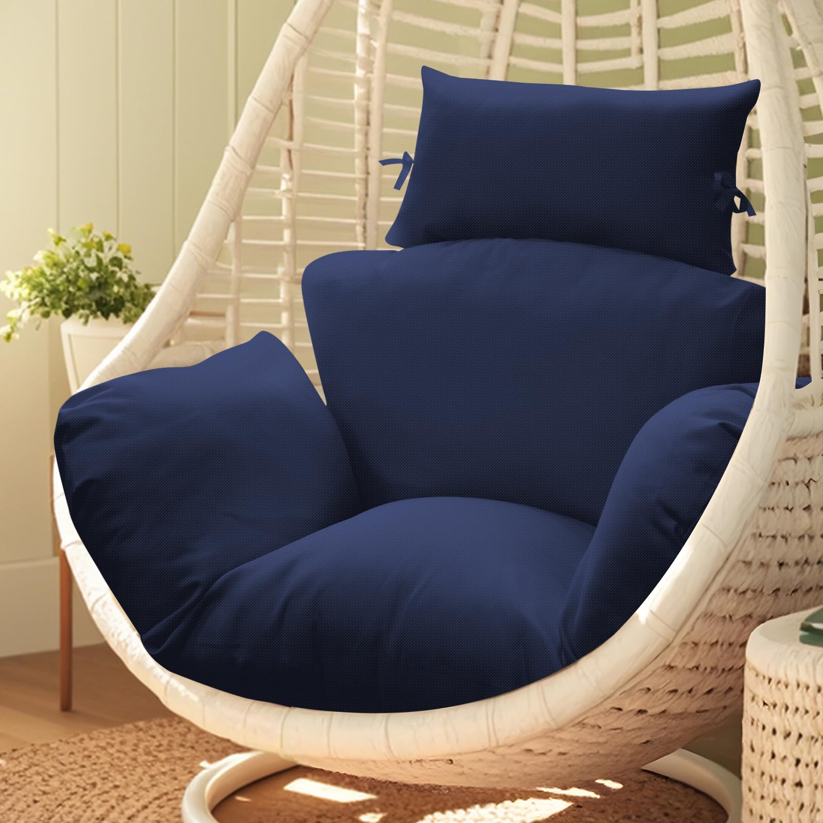 joomie Waterproof Egg Chair Cushion Replacement 119x79x13 cm Thicken Hanging Egg Swing Chair Cushion Indoor Outdoor Wicker Rattan Hammock Basket Cushion with Headrest Pillow, Blue