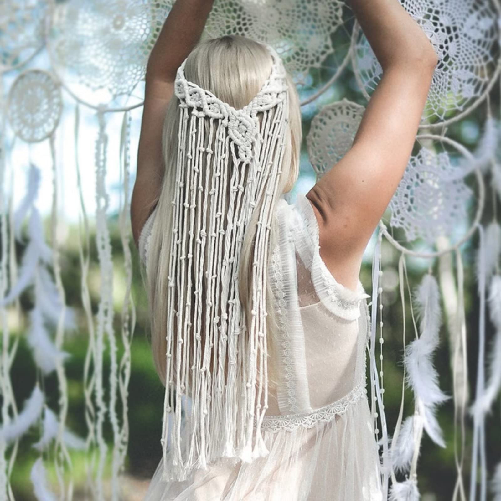 Fasce di nappe bohémien, velo da sposa Macrame bianco Boho Hippie Feather Headband Accessori per capelli da sposa per donne e ragazze