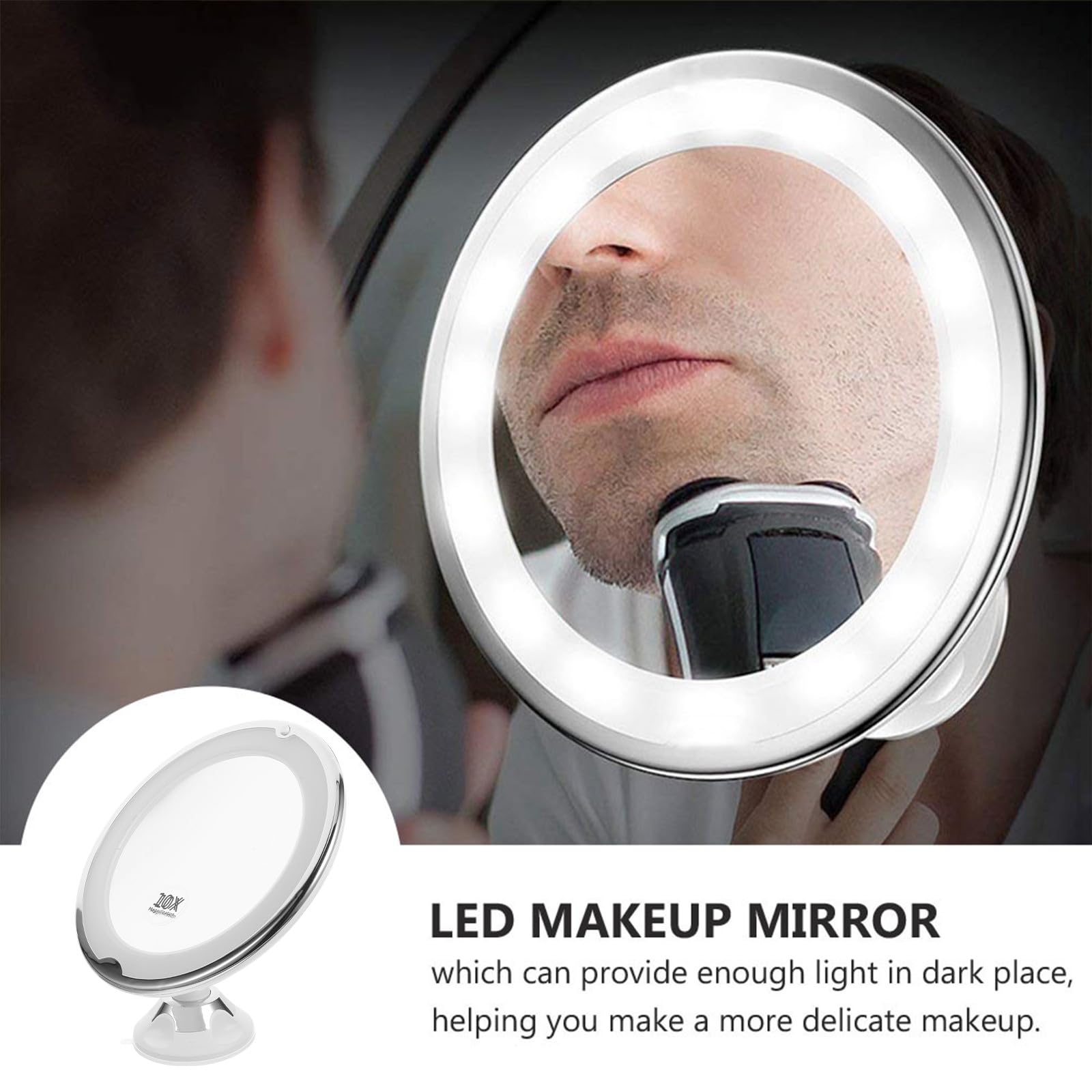POPETPOP Espejo de Maquillaje LED Luz 10X Aumento Espejo Giratorio 360° Ventosa para Tocador Portátil para Maquillaje y Cuidado Personal
