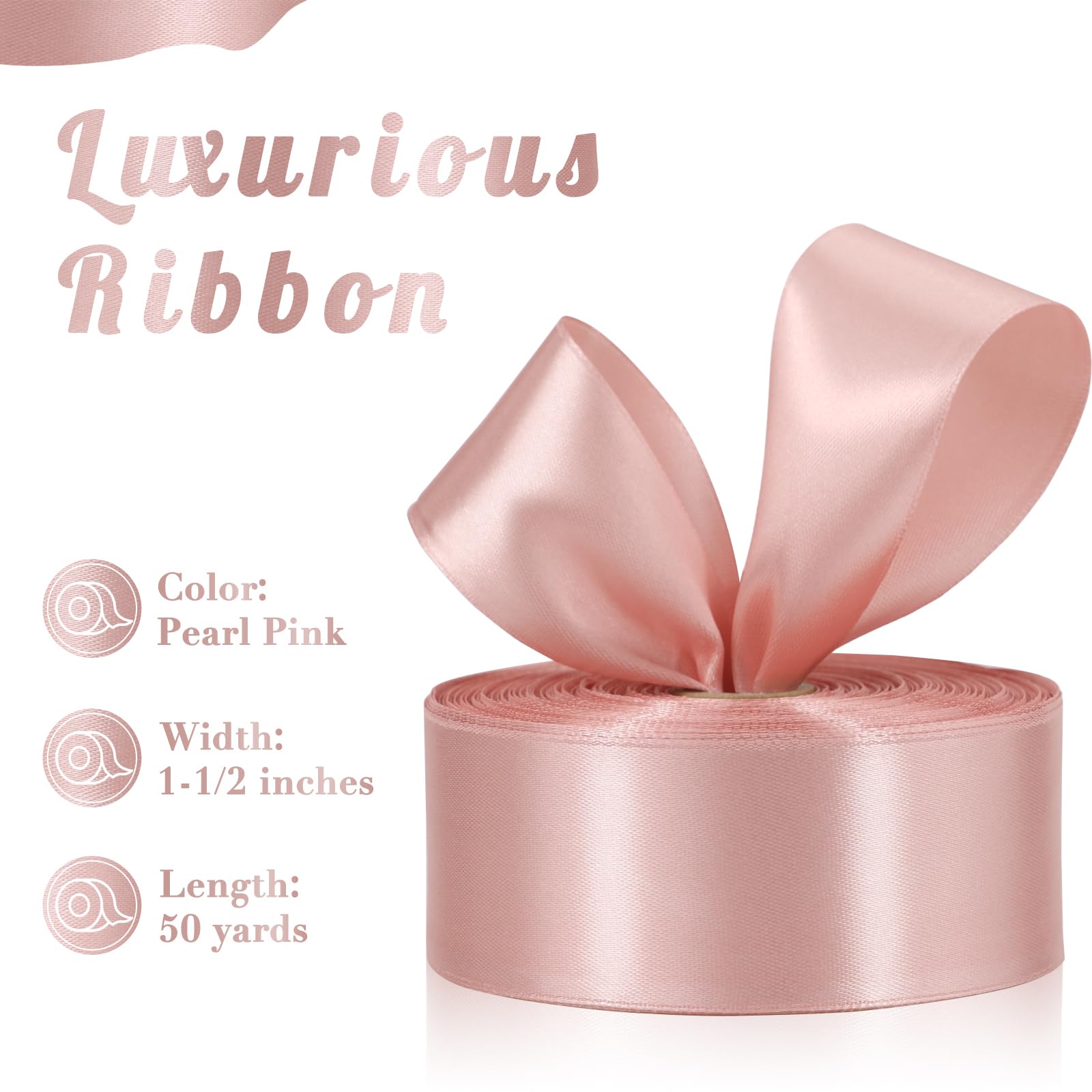 Sagaat Pearl Pink Ribbon 1-1/2 Inch 50 Yards, Solid Satin Ribbon for Flower Bouquet, Crafts, Gift Wrapping, Bridal Invitations, Hair, Festival and Party Decorations