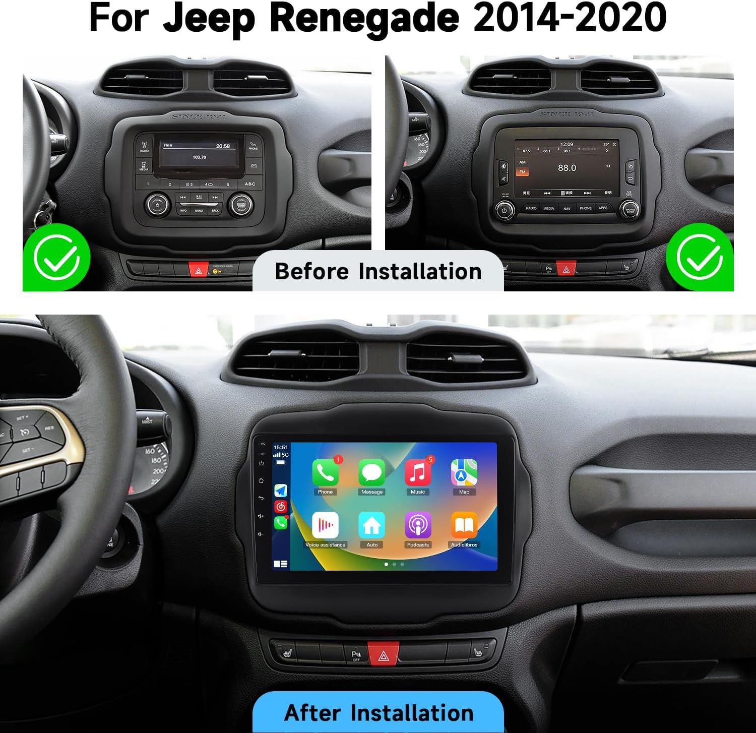Autoradio 9" Android per Jeep Renegade 2014 2015 2016 2017 2018 2019 2020, Wireless CarPlay Android Auto, Navigazione GPS, Bluetooth, WiFi, Schermo Touch HD, Supporto Retrocamera