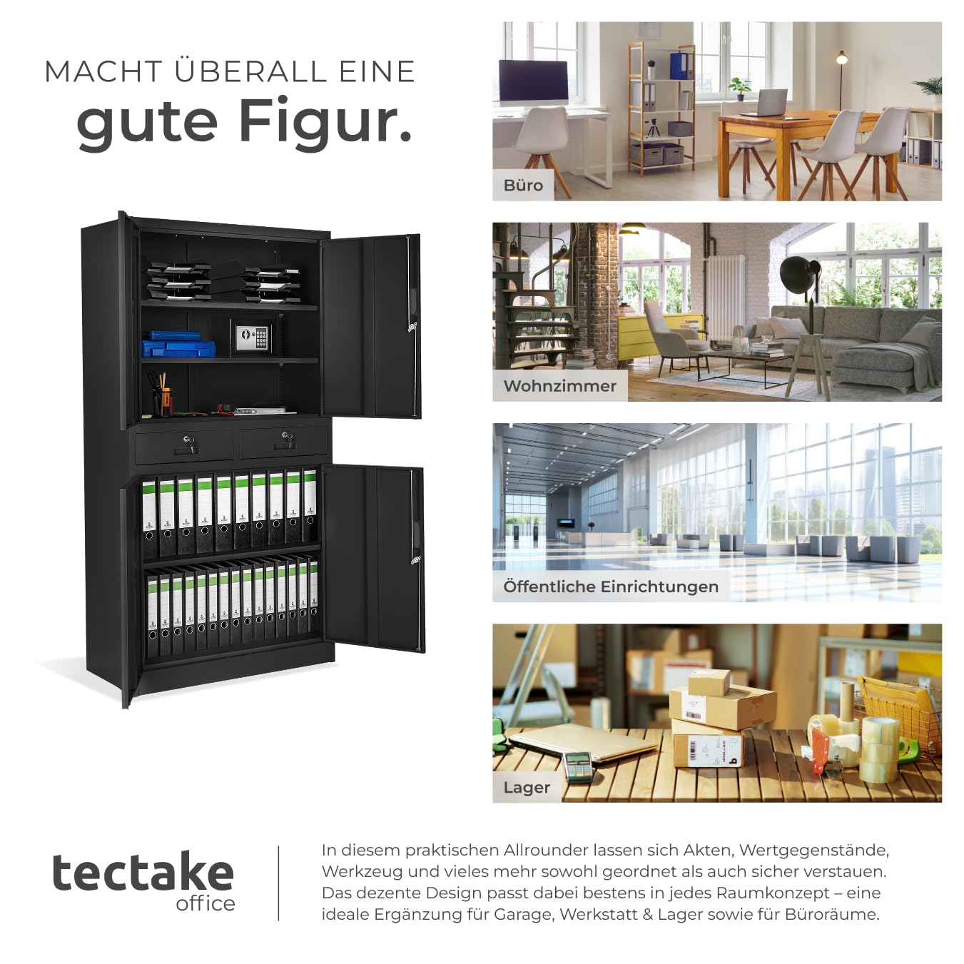 tectake® Aktenschrank, Mehrzweckschrank aus Stahl, Allzweckschrank, Aktenschrank abschließbar, 2 Schrankabteilen, 2 Schubladen, Türen und Schloss, Büroschrank, Werkzeugschrank, 180x80x40cm - schwarz