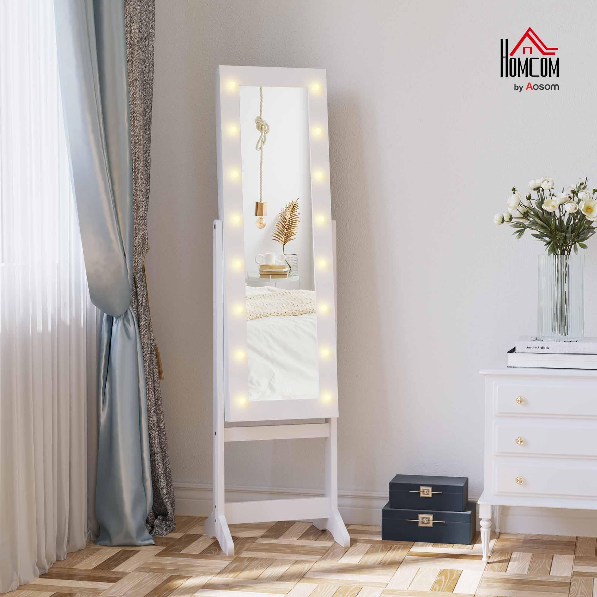 HOMCOM Espejo Joyero con Luces LED, Armario para Joyas, de Pie, Espejo Entero, Ángulo Ajustable, Blanco Cálido