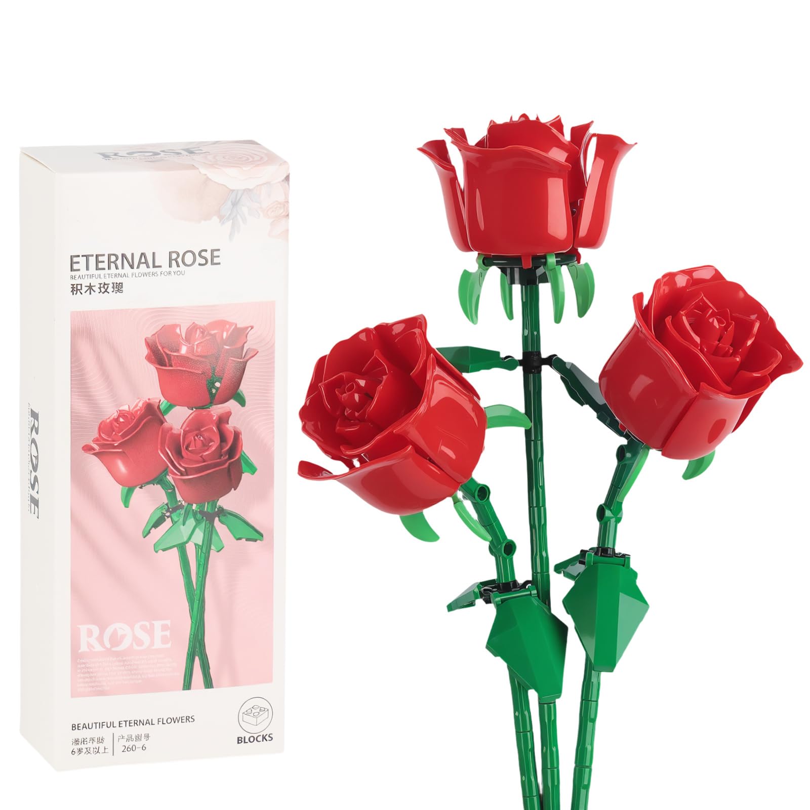 CMANLNYK 186pcs Flowers Bouquet Building Set, 3 Artificial Red Roses Botanical Collection Blocks, Building Block Kit