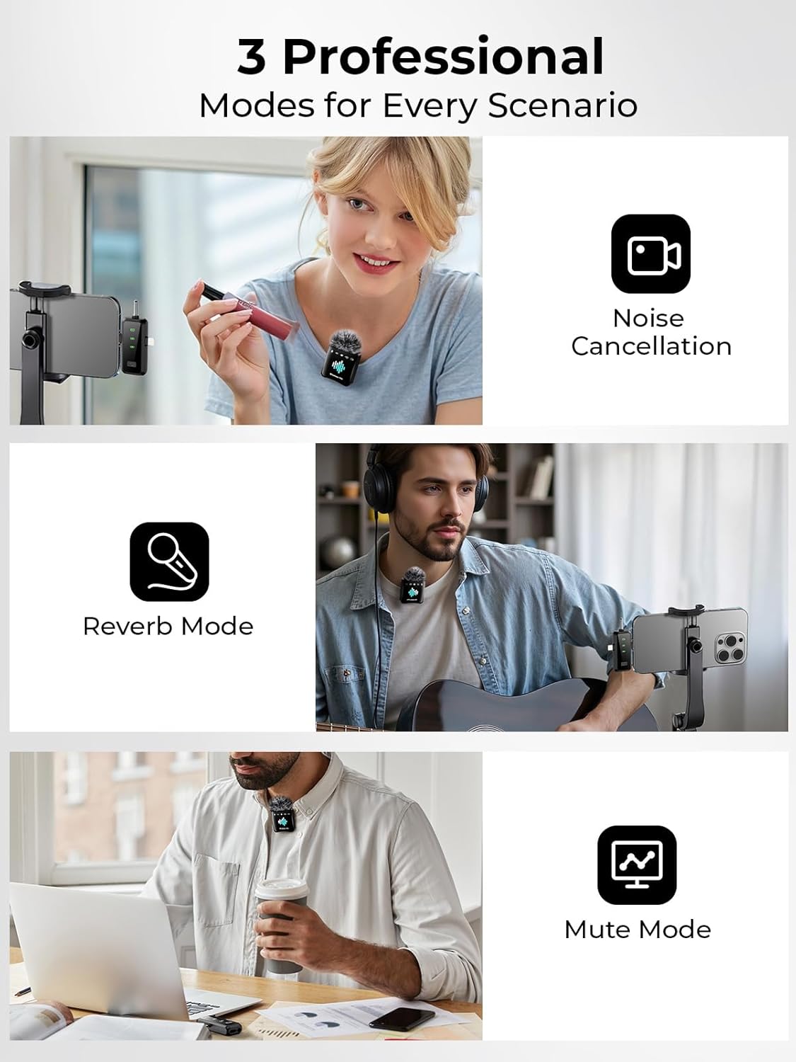 3-in-1 Microphone for iPhone: Wireless Lavalier Microphone for Camera & Android - Mini Mic - 328ft Transmission & 20H Battery Life - Vlogging with AI Noise Reduction-Space Grey