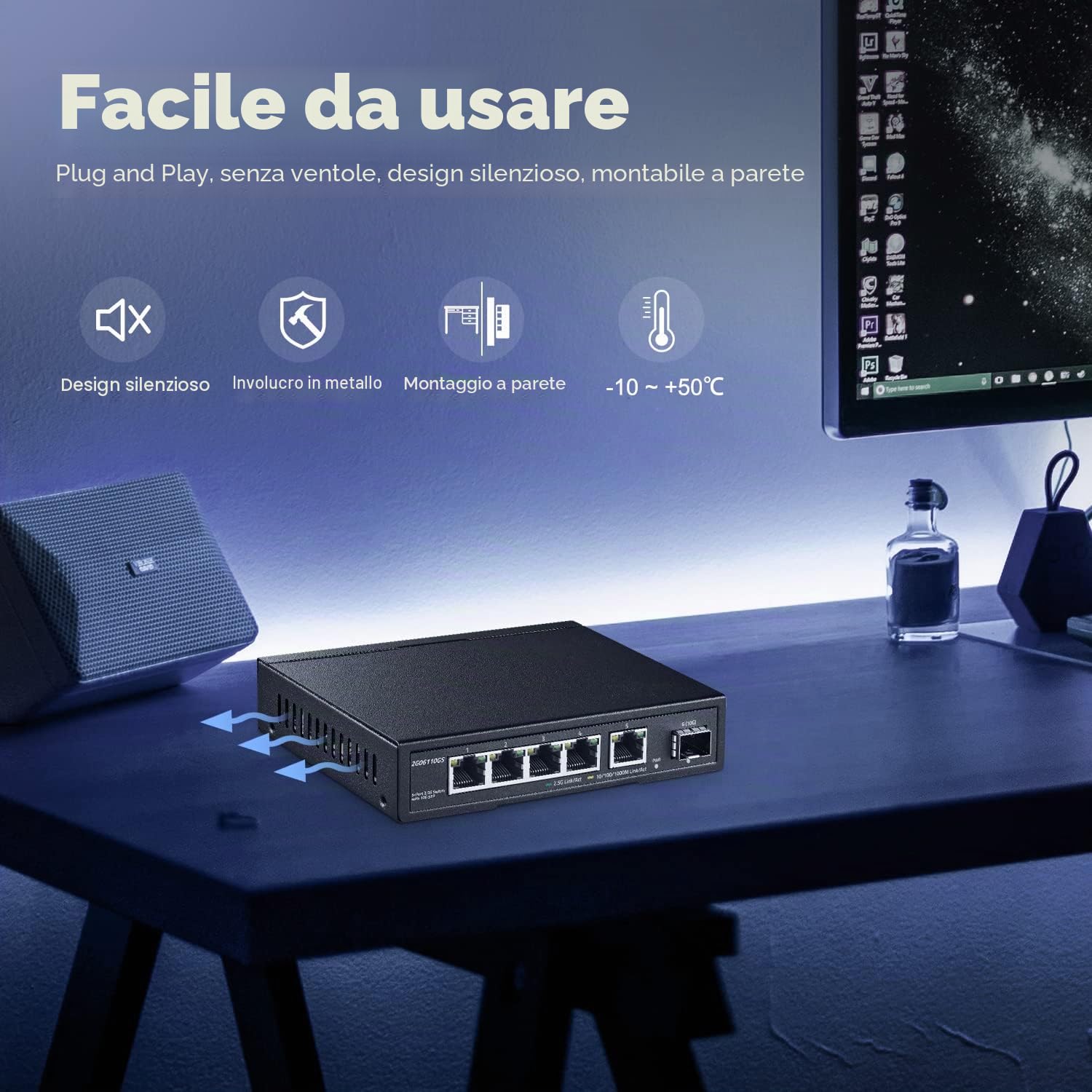 YuLinca Switch di rete 2,5G a 5 porte con SFP 10G, 5 porte 2,5GBASE-T, compatibile con dispositivi 10/100/1000Mbps, switch Ethernet Plug&Play non gestito senza ventola