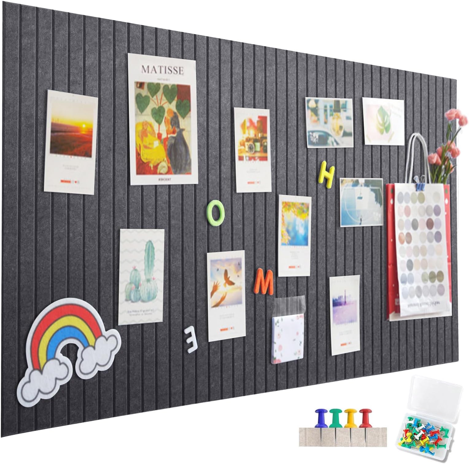 Large Felt Notice Board, Self-Adhesive, 60 x 40 cm, Felt Board, Vertical Stripes, Decorative Notice Board, Foldable Photo Board, Memo Boards, Bulletin Board for Office, Kitchen, Dark Grey