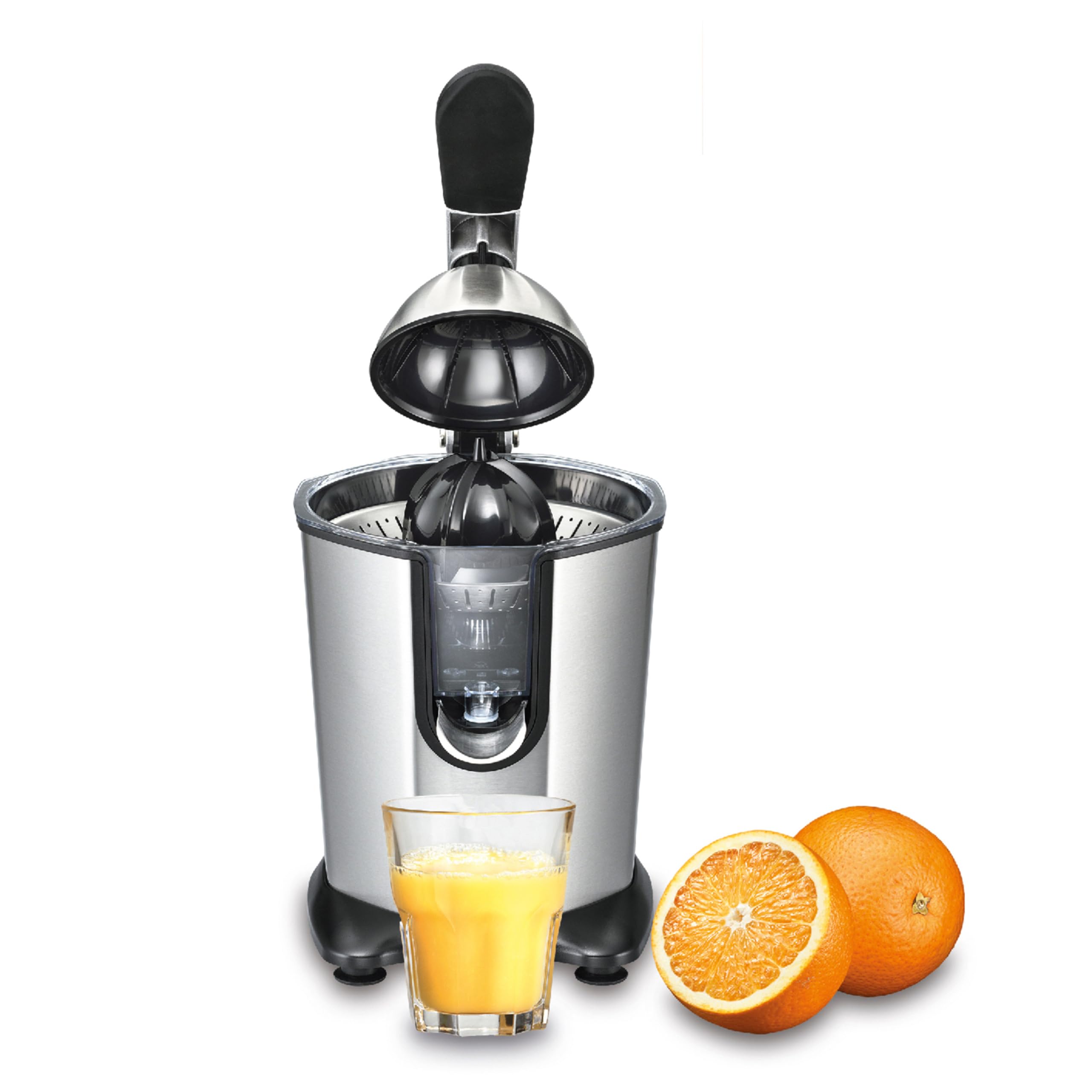 Solis Citrus Juicer 8453 Zitruspresse Elektrisch - Zitronenpresse - Orangenpresse - Einfache Startautomatik - Leiser Motor - Saftpresse Elektrisch aus Edelstahl - 160 Watt | Metall-Pressarm, Startautomatik, Anti-Tropf, spülmaschinenfest, für Orangen, Zitr