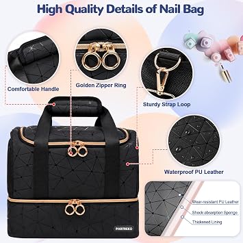 Nail Polish Organizer Holds 80 Bottles (15ml/0.5 fl.oz)& Nail Lamp, PU Leather Nail Organizers and Storage Bag with Shoulder Strap, Portable Nail Supplies Kit Organizer Carrying Case (Black)