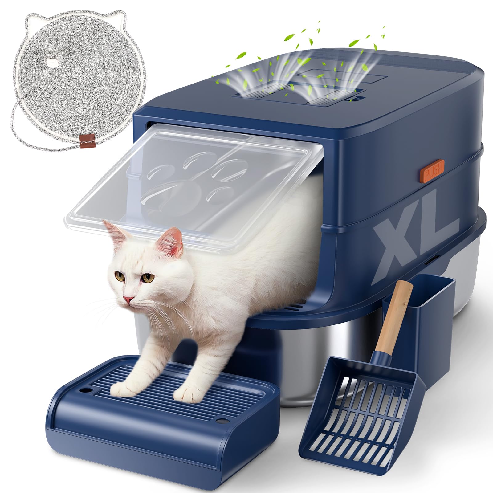 Stainless Steel Cat Litter Box with Lid - 3 in 1 Enclosed Cat Litter Box XL Extra Large Odor Control Covered Metal Litter Pan for Big Multiple Cats Includes Step, Scoop, Cat Scratcher Mat