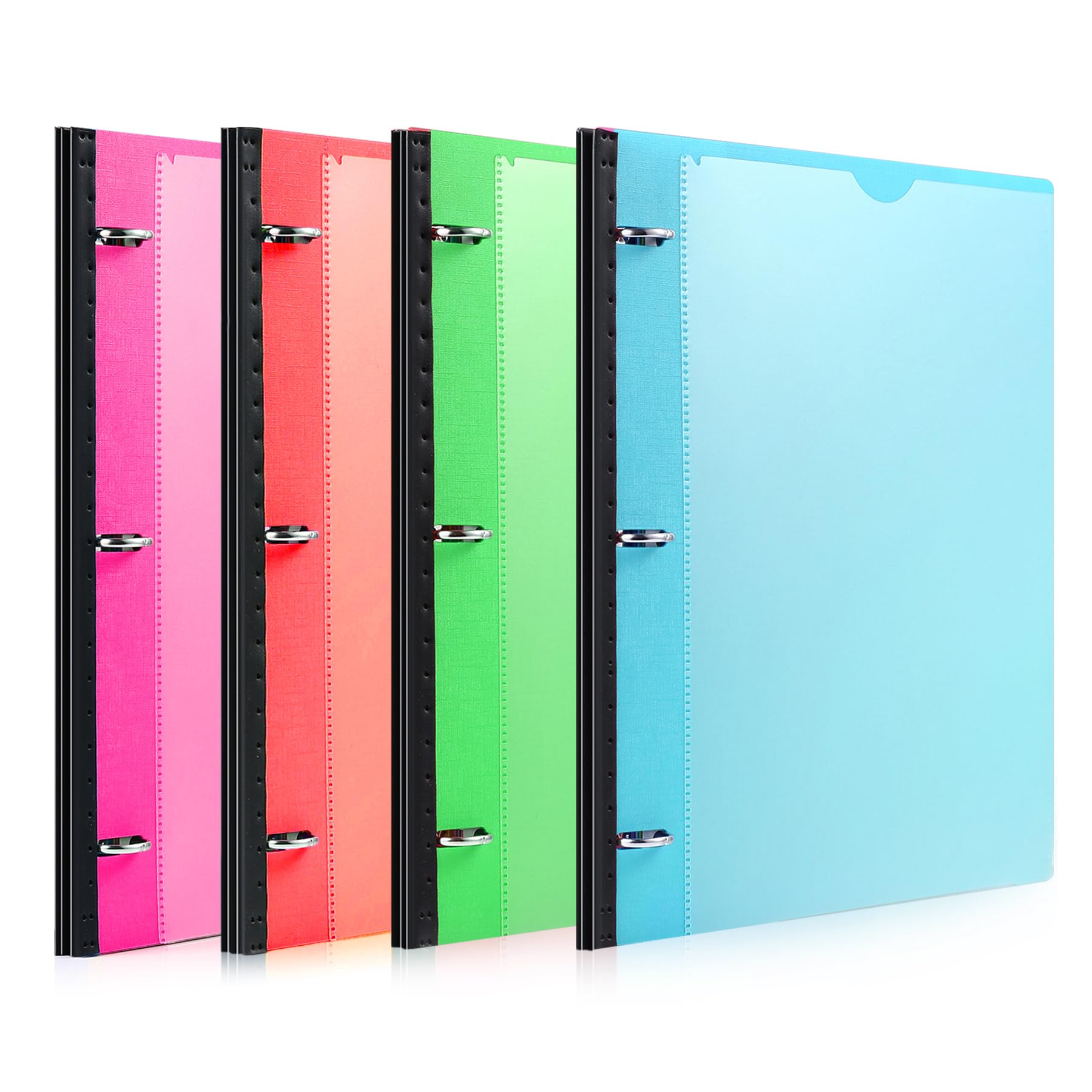 Telescoping 3 Ring Binder-4PCS, Flexible Binder with Customized Front Cover+Clear Catalog Pocket+3 Round Rings, Flat Writing Binder, 4 Bright Colors
