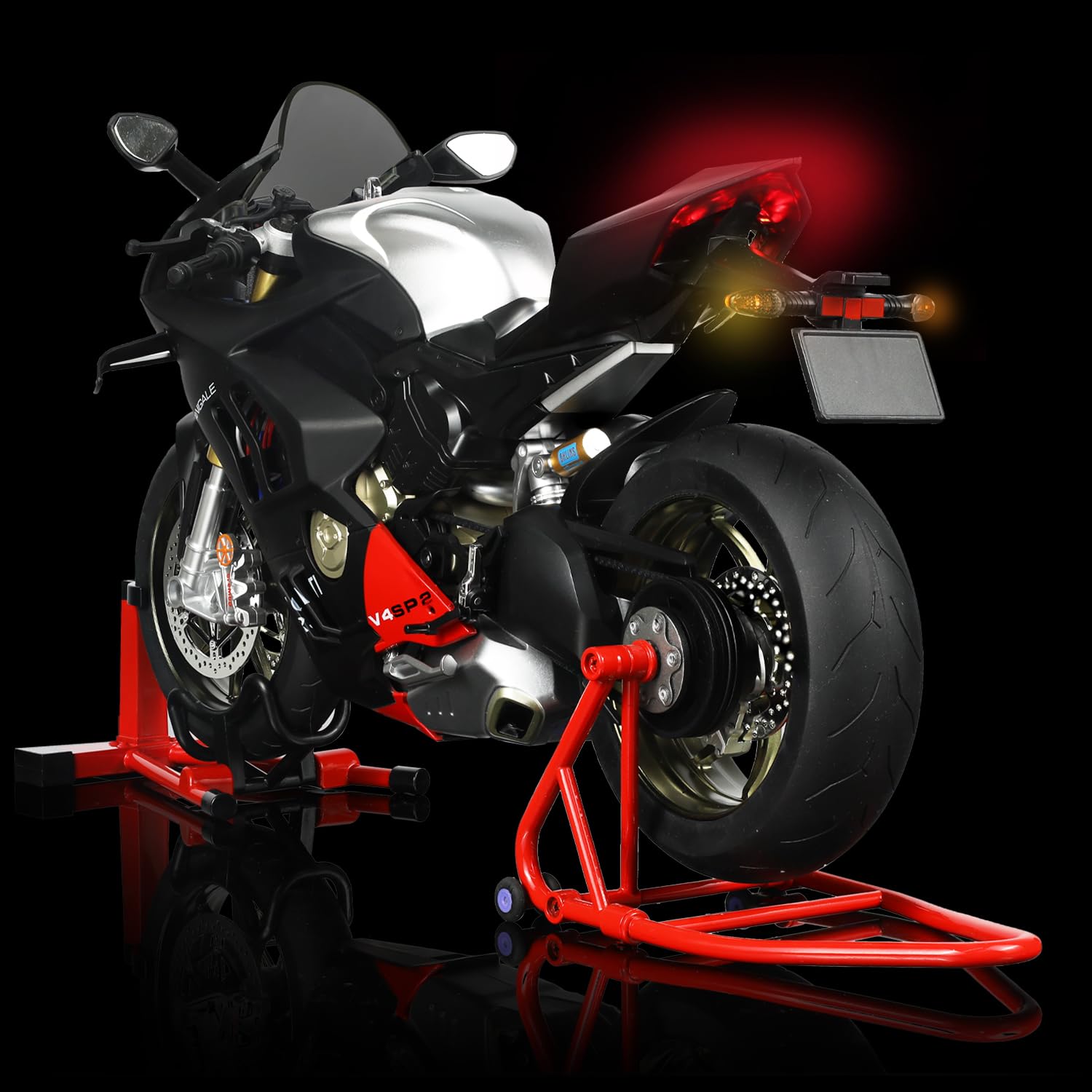 1:6 Motorrad-Modell passend für die Ducati Panigale V4 SP2 | Wasserspray Auspuff Startgeräusch Licht per Schlüsseldreh befüllbarer Wassertank für 12-Zoll-Puppen ideal für Sammler