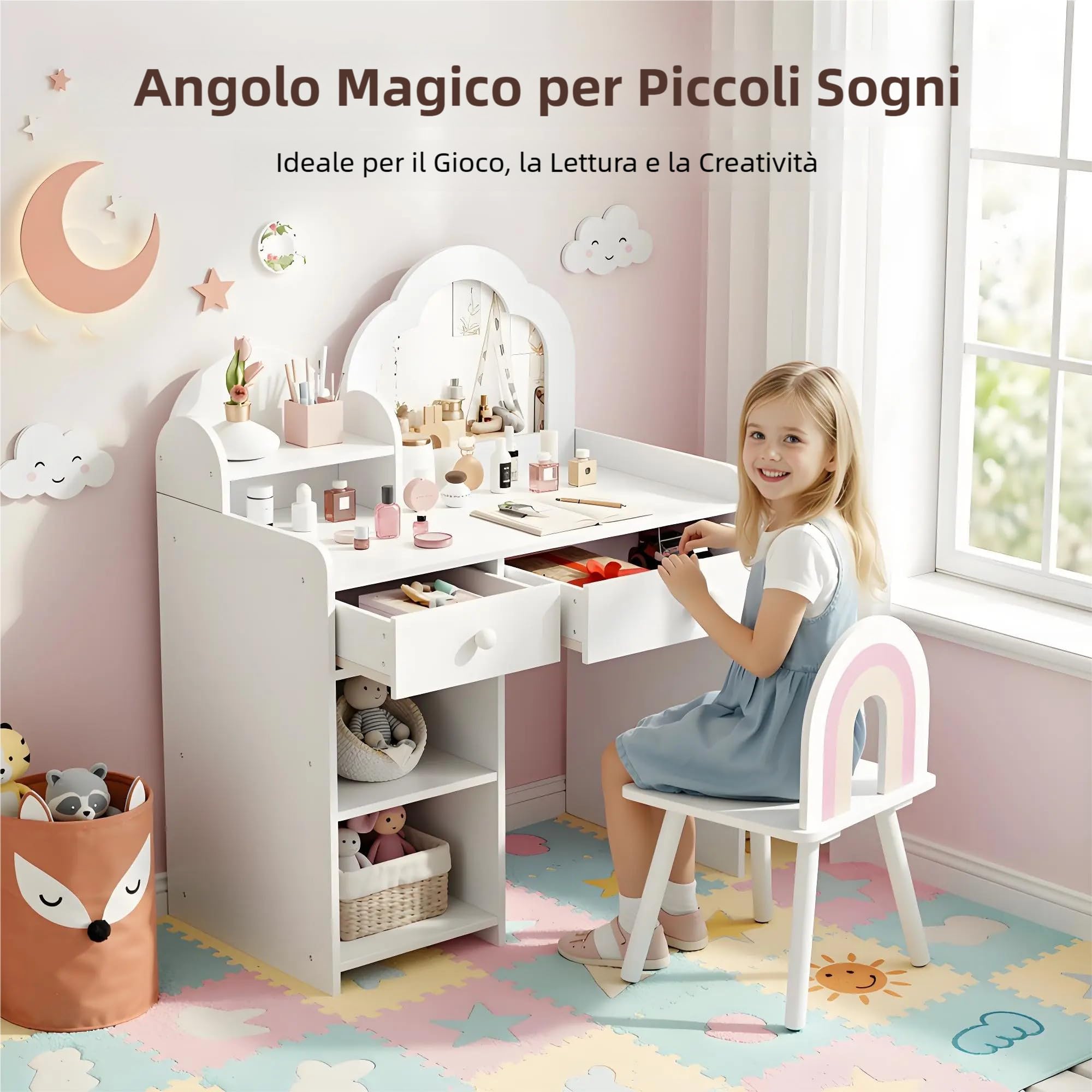 Clevich 2 in 1 Toeletta Trucco Bambina, Toeletta per Bambini con Specchio, 2 Cassetti, Armadietti, Scrivania in Legno con Sgabello, per Bambine dai 3-8 Anni (Bianco)