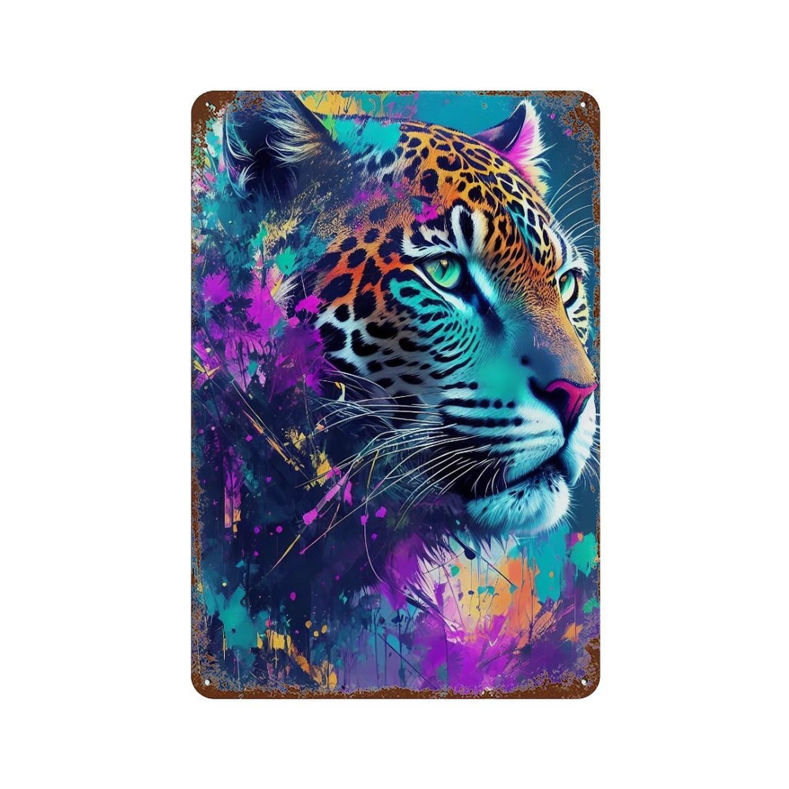 Colorful Leopard Portrait Decorative Tin Sign 11.8"x7.9", Retro Wall Decor for Garage, Pub Or Kitchen