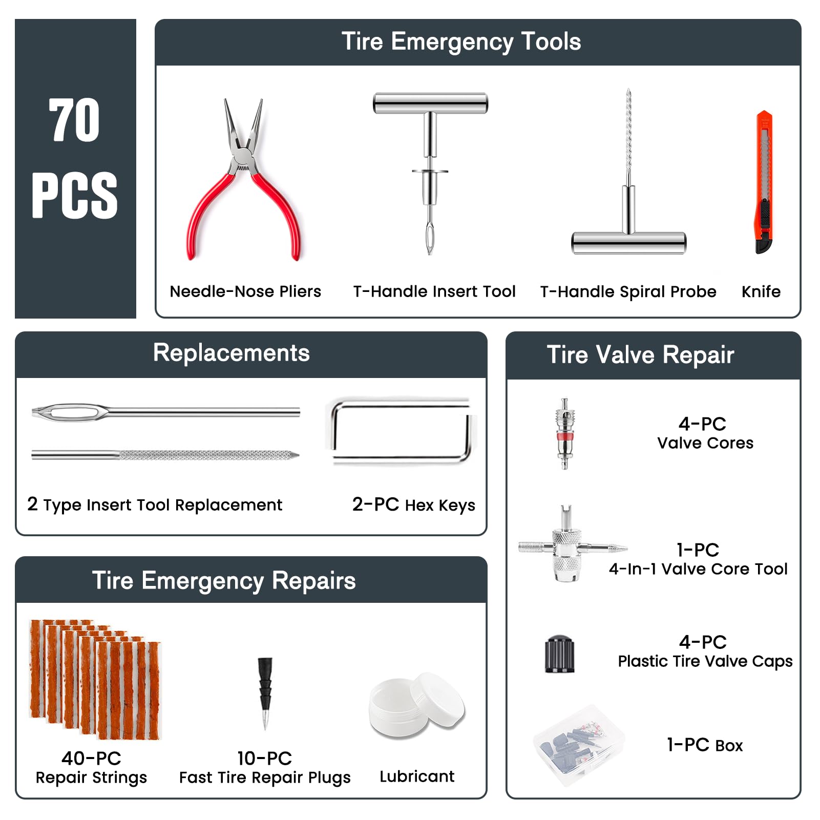 ORCISH Kit de reparación de neumáticos de 70 Piezas, Kit Profesional de Tapones de neumáticos Resistentes, Kit de Parches para Reparar un Plano, Kit de Herramientas de Cambio de pinchazos de