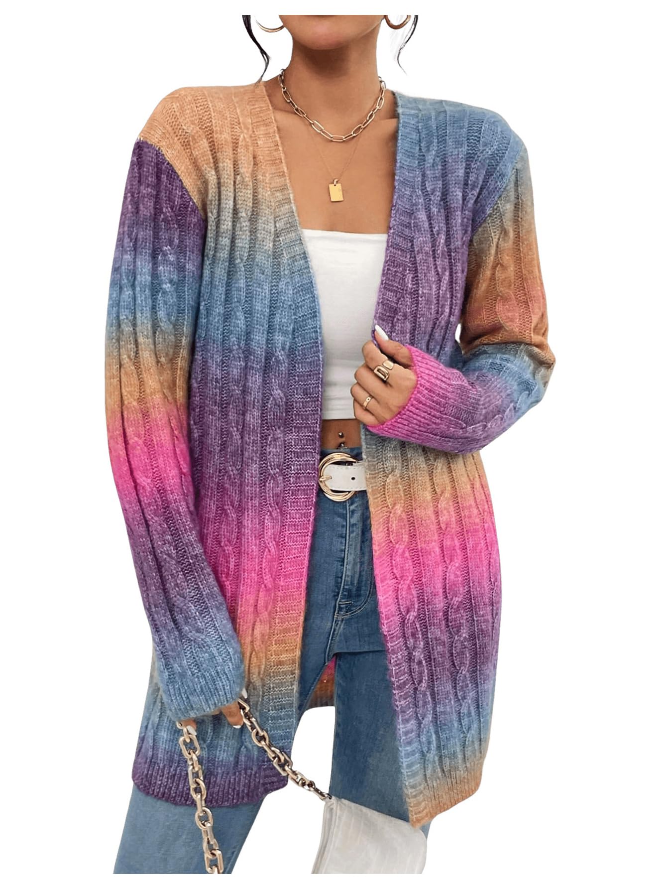 Womens Ombre Print Cable Knit Cardigan Sweater Long Sleeve Open Front Loose Outwear Fall Outfits