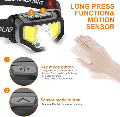 Miniatura 3 de Linterna frontal recargable, paquete de 2 unidades de 1200 lúmenes, súper brillante con lámpara LED blanca y roja, 12 modos, sensor de movimiento,