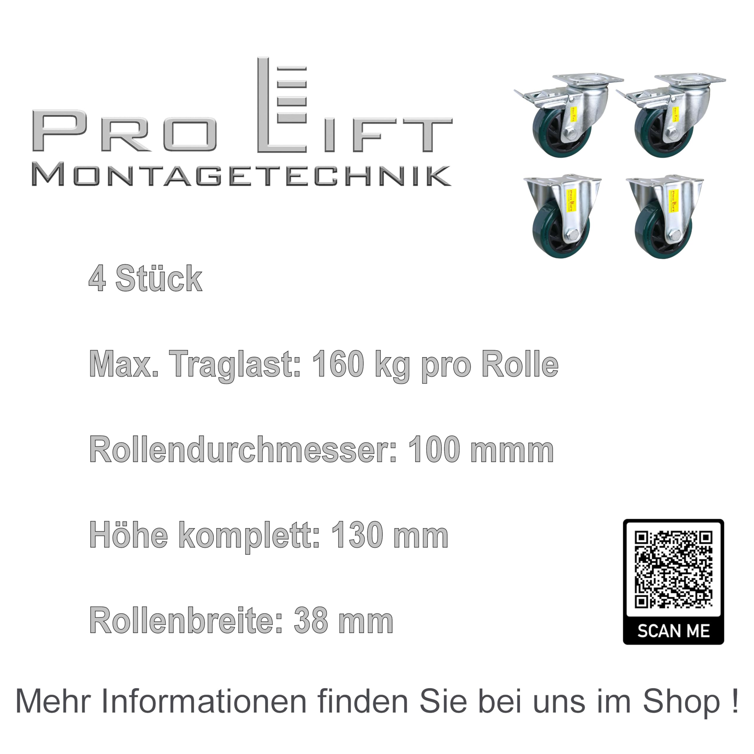 4 Stück: je 160kg Schwerlastrollen, 2 Lenk + 2 Bock, Bremse, grüner PU-Rollenbelag, 01399