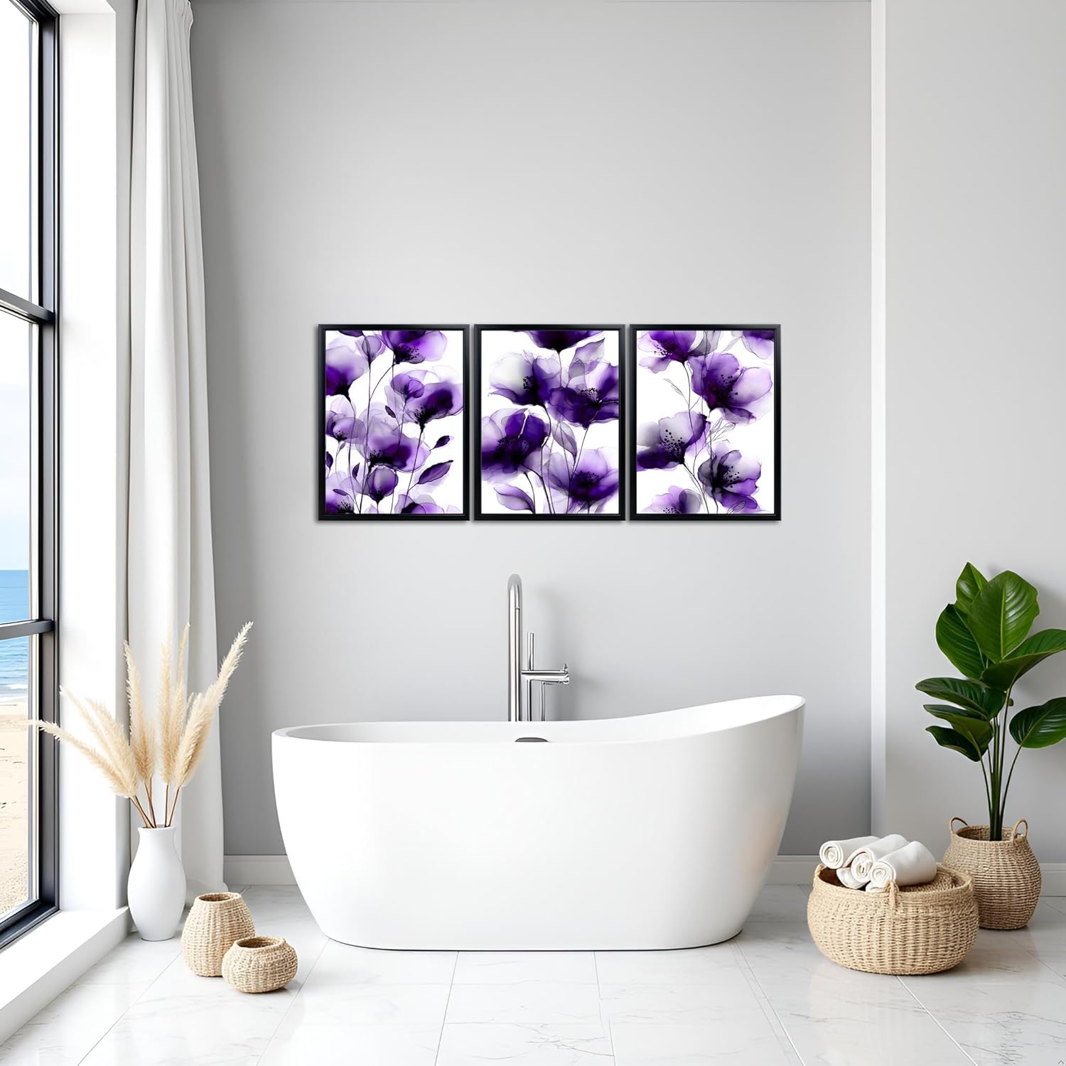 sechars Purple Flower Wall Art Modern Purple and White Bathroom Decor Abstract Floral Canvas Paintings (Purple)