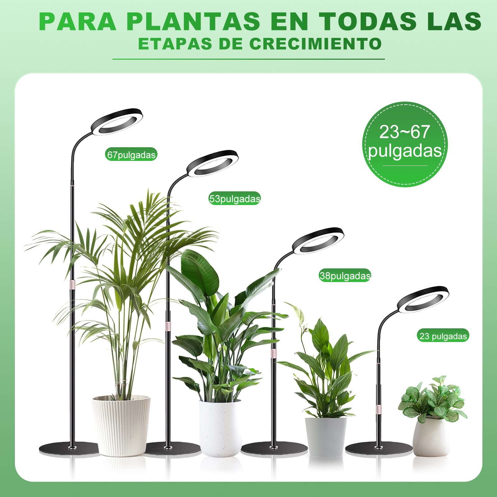 Lámpara para Plantas LED, luz de crecimiento plantas con Temporizador 6/12/16H, 3 Modos Luz & 10 Niveles Brillo, Altura Ajustable 57-165cm, Grow Light con temporizador y adaptador