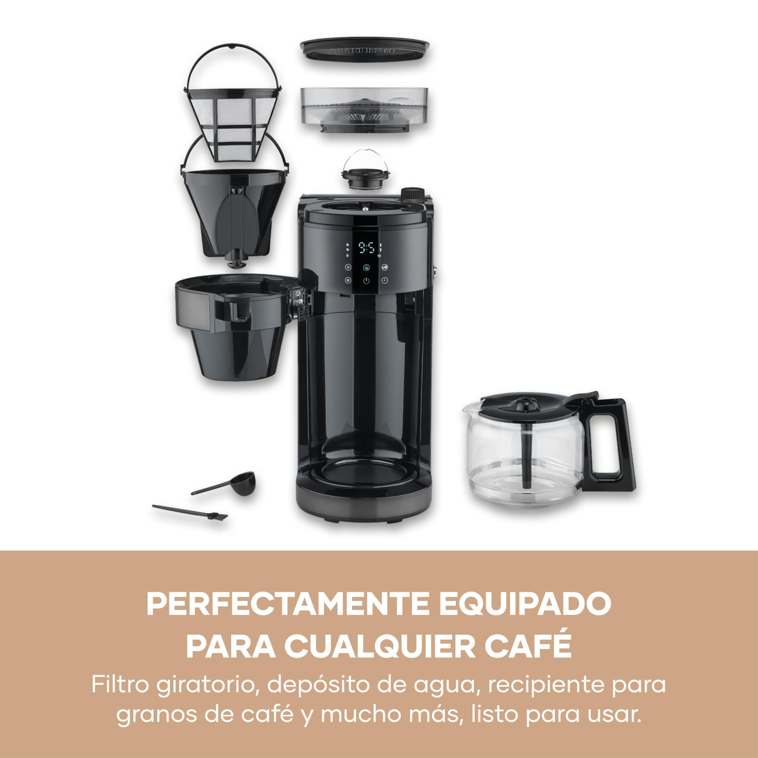 Severin Cafetera de goteo, con jarra de cristal y molinillo, 1,25L de capacidad, hasta 10 tazas, interrupción por goteo, aroma intenso, pantalla LED, 900W, inox oscuro, negro, KA 4830