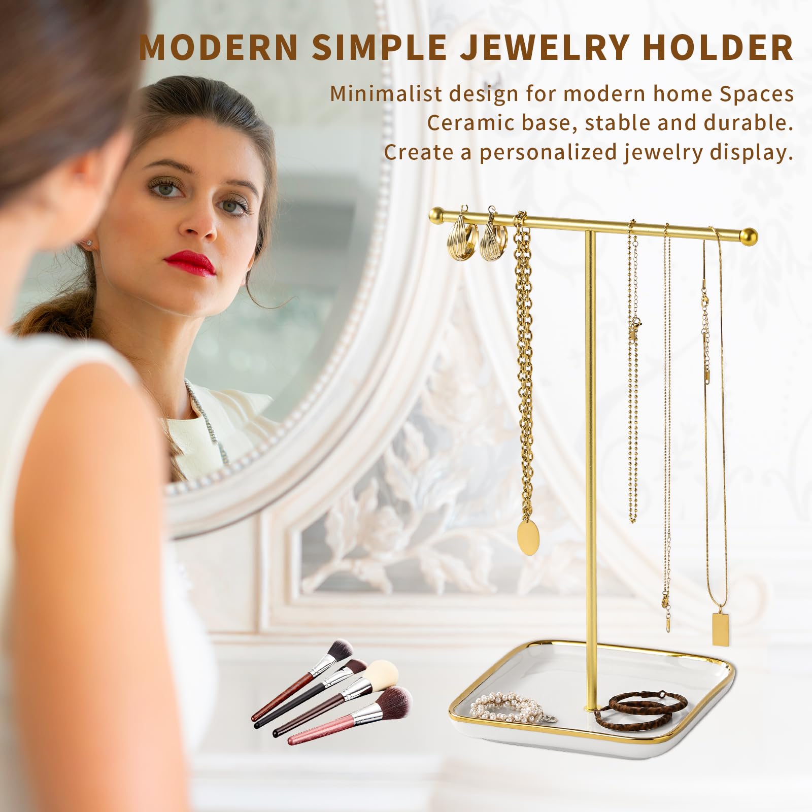 Leijosya modern T-shaped jewelry rack, jewelry tower, gold metal, square ceramic base decoration display tower, necklace, bracelet, ring storage rack (1Tiers)