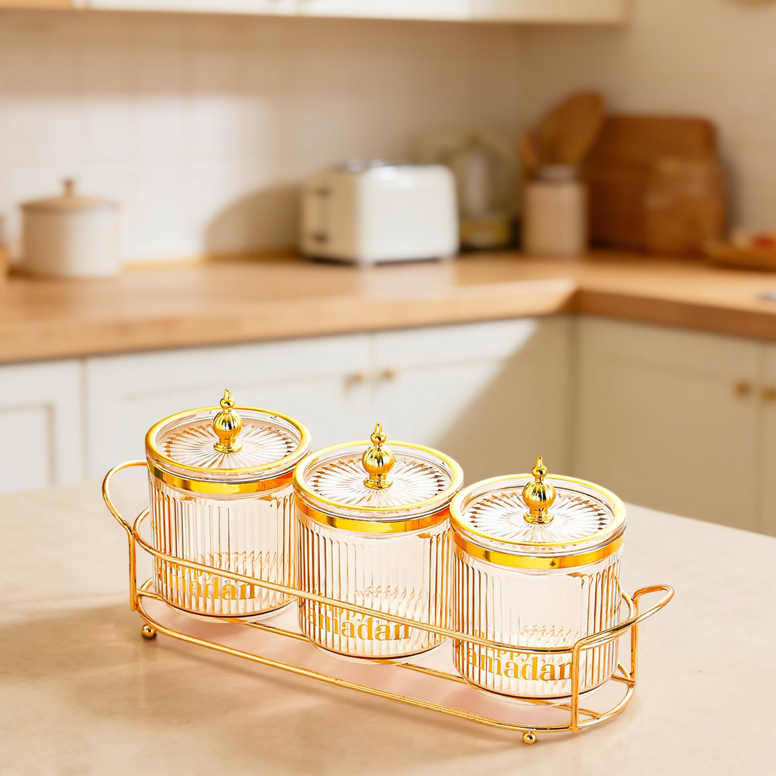 3er Set Glas Vorratsgläser Bernstein, mit goldenem Gestell, für Gewürze, Trockenfrüchte, Servier-Set, Mond- und Sternenmuster, dekorativ für Feiertage und Zuhause