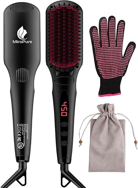 MiroPure Hair Straightening Brush 2 in 1 Ionic Hair Straightener Brush Hot Comb MCH Heating Smoothing Brush with 16 Heating Settings, Dual Voltage