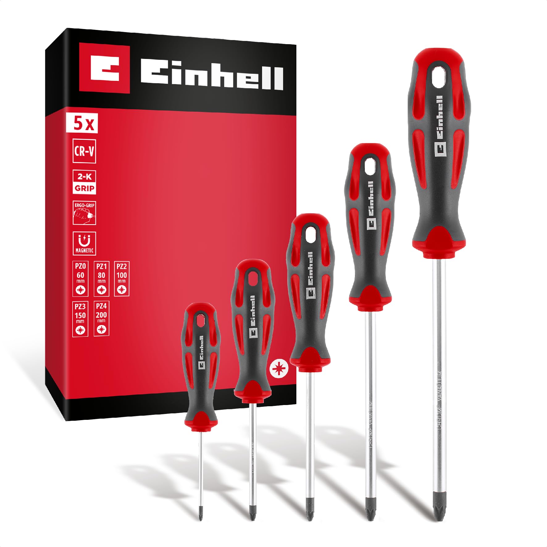 Original Einhell Screwdriver Set 5 pcs PZ (CRV Blades, Magnetic Tip, Common Sizes, Ergonomic Handles, Hanging Holes)