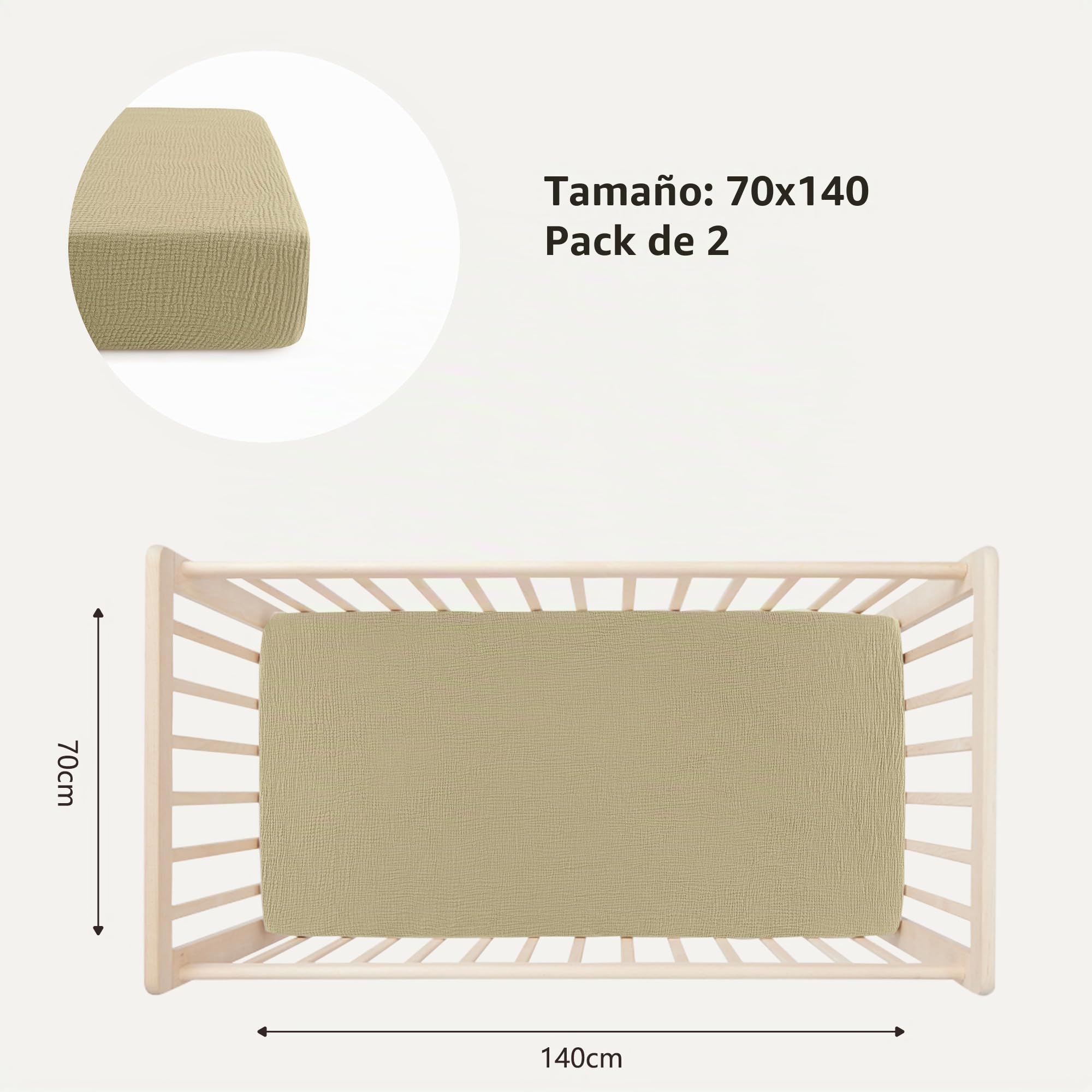 Bearmoss Sábana de Muselina, 100% Algodón, para Colchón Estándar de Cuna y Colchón de Cama Infantil, 60 x 120 cm/70 x 140 cm,Sabana Bajera Cuna Ajustables para Cama Auxiliar (Verde Arroz, 70x140)