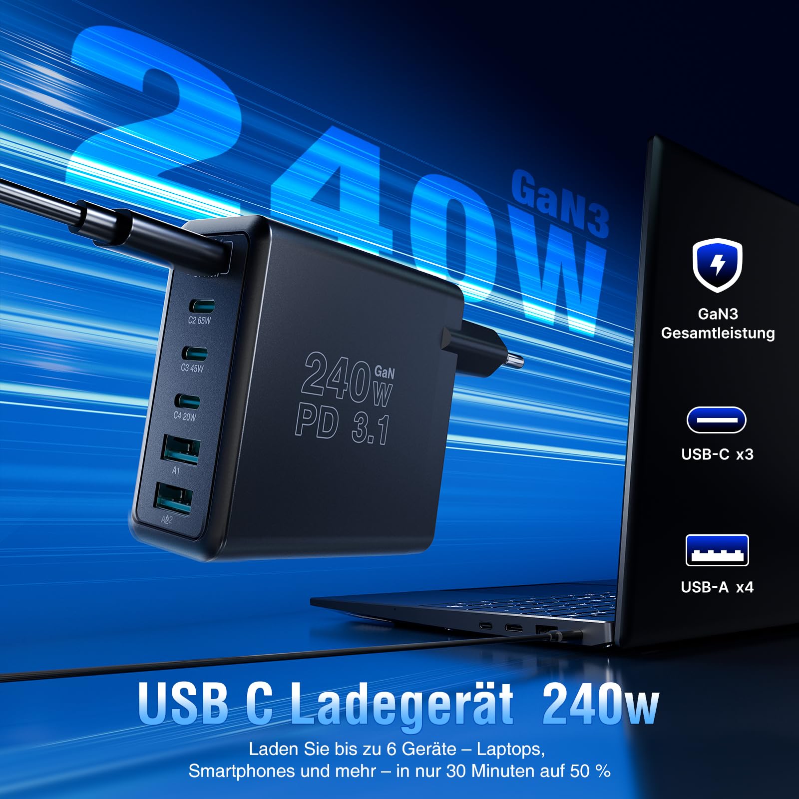 Caricatore USB C da 240 W, 6 porte, stazione di ricarica PD 140 W, 100 W, 65 W, 45 W, 30 W, GaN-III, alimentatore compatibile con MacBook Pro/Air, Dell XPS, laptop, iPad/Pro, iPhone, Samsung, Galaxy