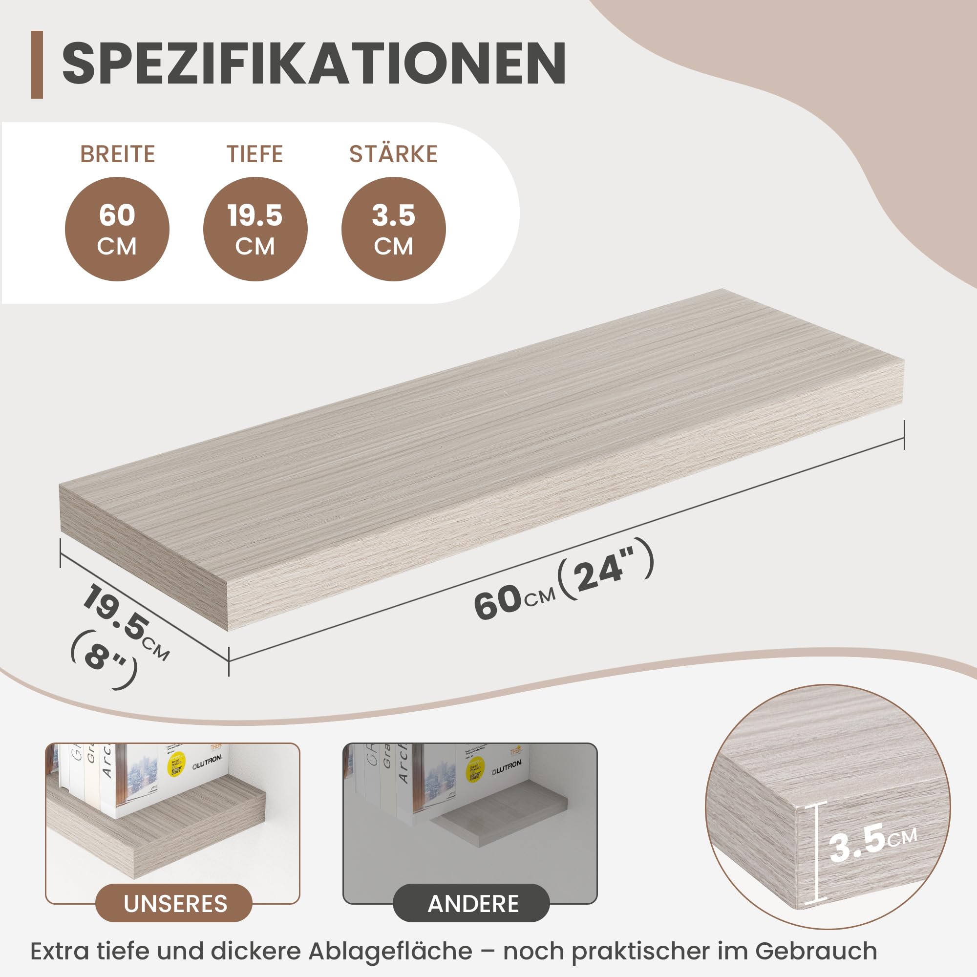 Acovy Regał wiszący, 60 cm, zestaw 2 sztuk, głębokość 19,5 cm, szare regały ścienne