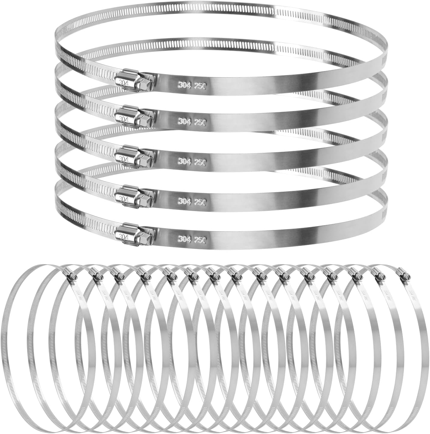 304 Stainless Steel Hose Clamp Assortment Kit,Include 50FT Metal Strap & 24 Stronger Fasteners, Large Adjustable Worm Gear Hose Clamps for Pipe, Tube, Duct, and More