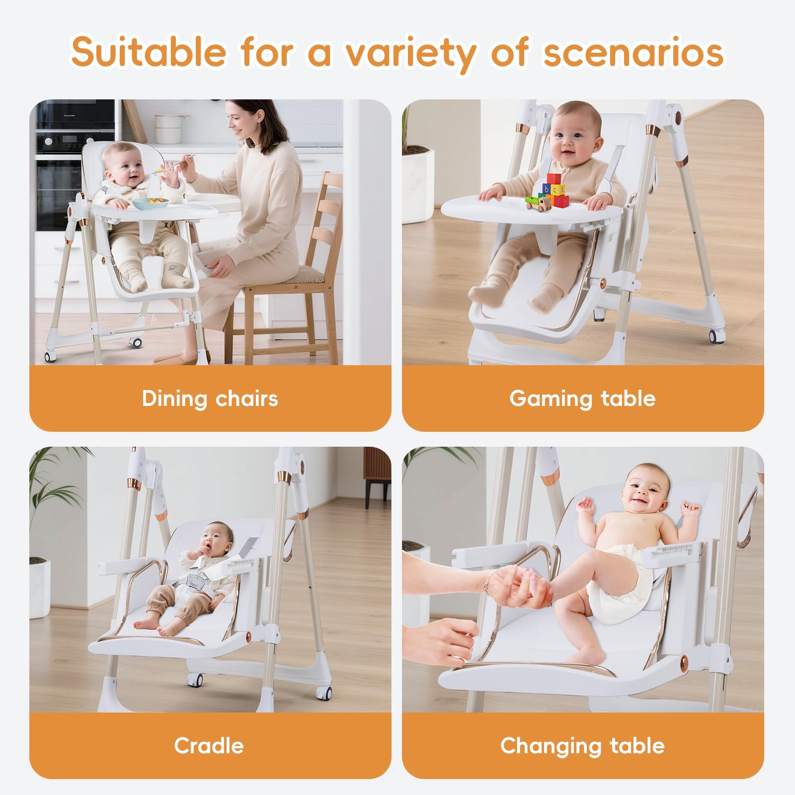 Seggiolone Pappa, Ergonomico, Confortevole, Regolabile, Pieghevole, Ripiano Smontabile, per Bambini, 6 Mesi - 3 Anni, 80x 53 x104cm (Bianco)