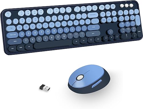 Combo de teclado y mouse inalámbricos, teclas redondas retro, lindo teclado de tamaño completo, conexión sin abandono de 2.4 GHz y mouse óptico para