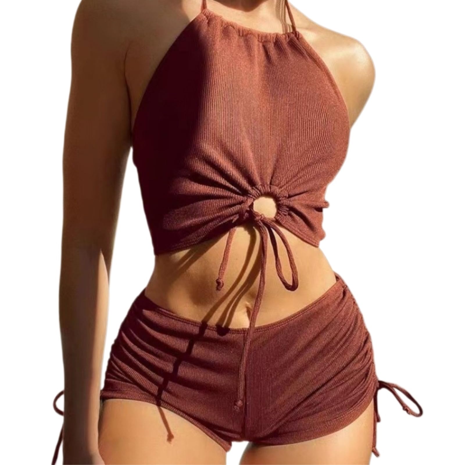 Bikini Mujer Mujeres Color Halter Cuello Conjunto De Dos Piezas Traje Baño Ropa Playa-Black-m