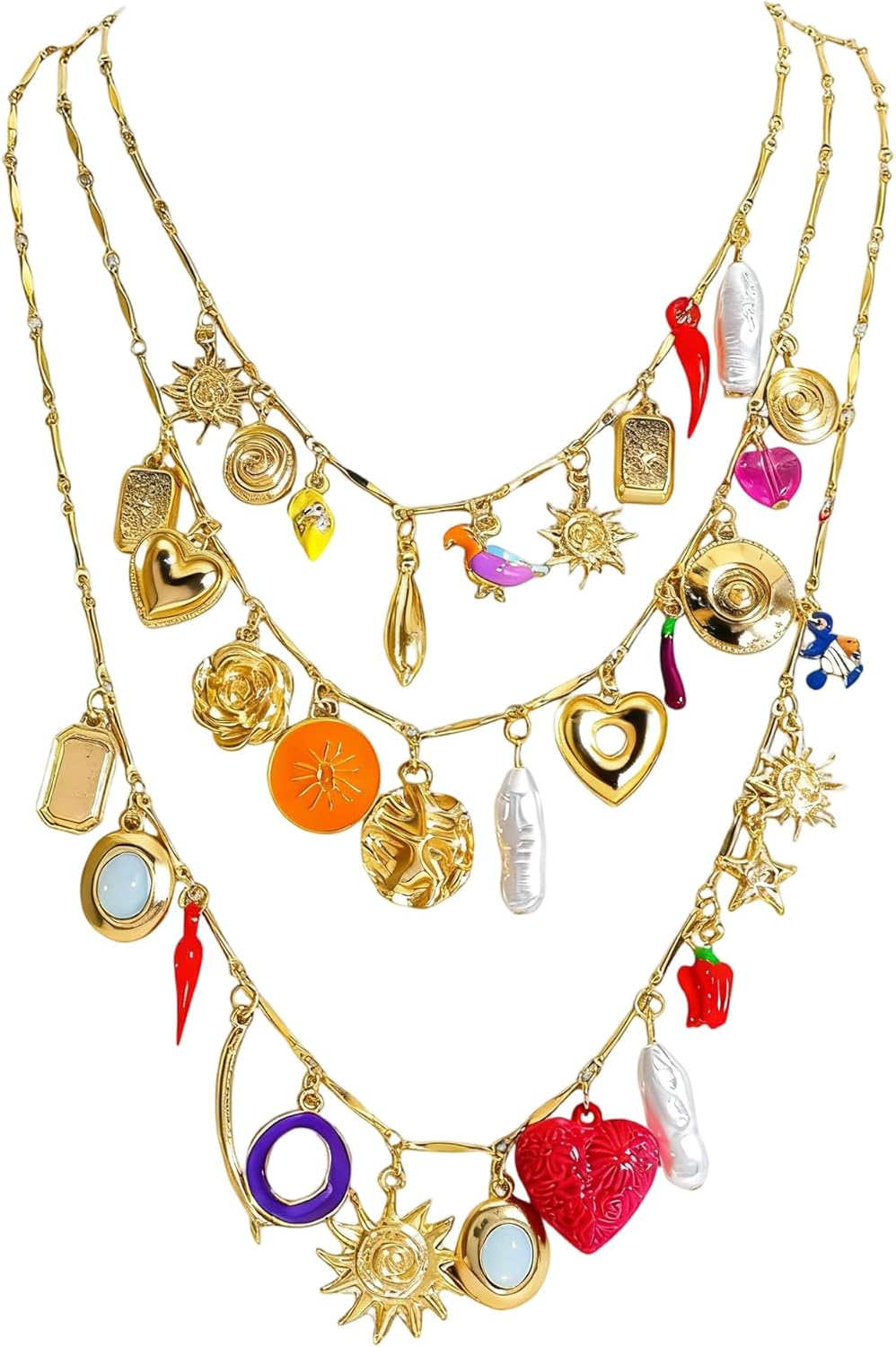 Vintage 3-Layered Pendant Charm Necklace for Women, Bohemian Ethnic Triple Layer Stackable Chain Necklace, Unique Statement Jewelry for Party Gift