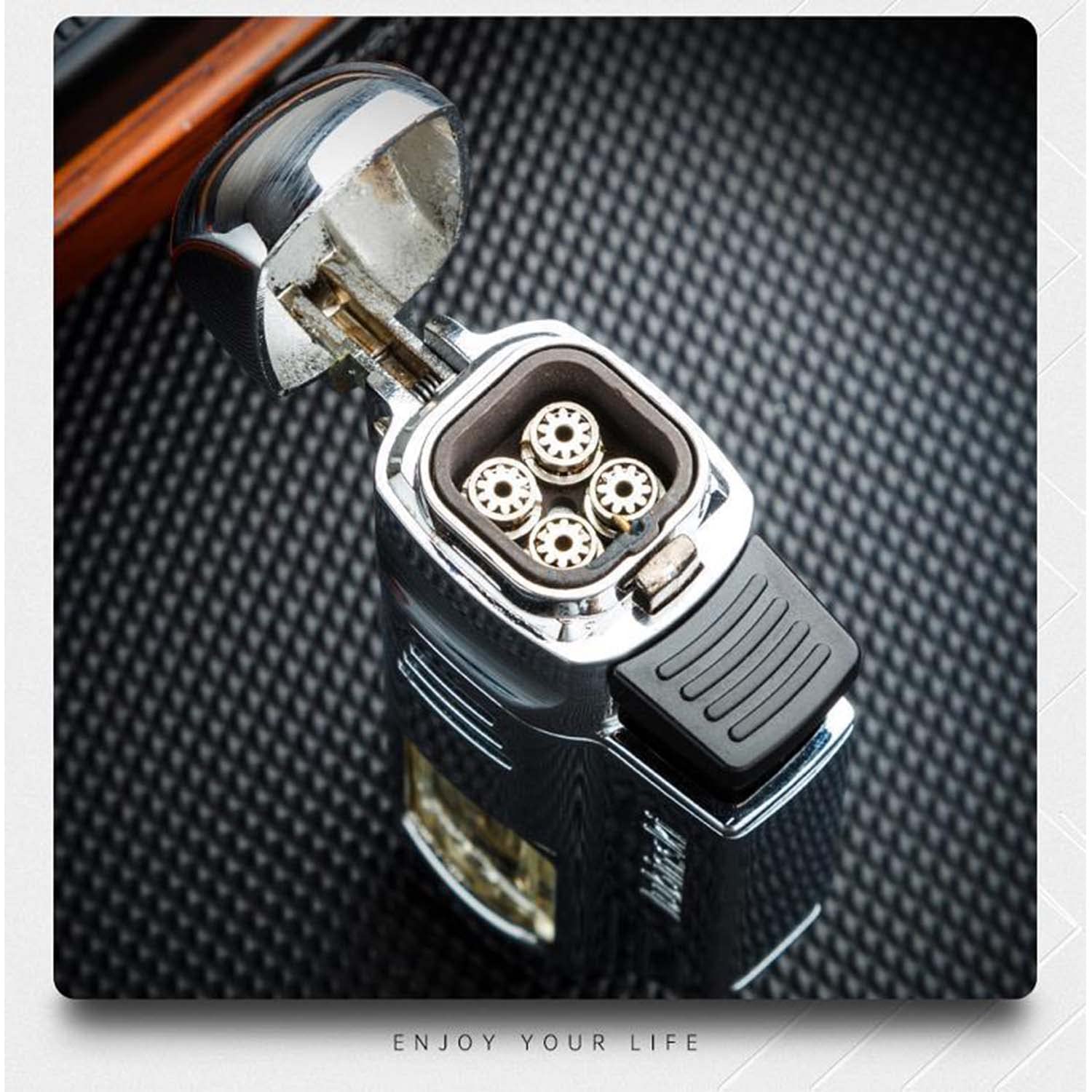 Creativo Bolsillo Cigarro Encendedor A Prueba de Viento Llama de Chorro Cuádruple con Cigar Puncher Clear Window Butano Gadgets Recargables para Hombres Ideas de Regalos