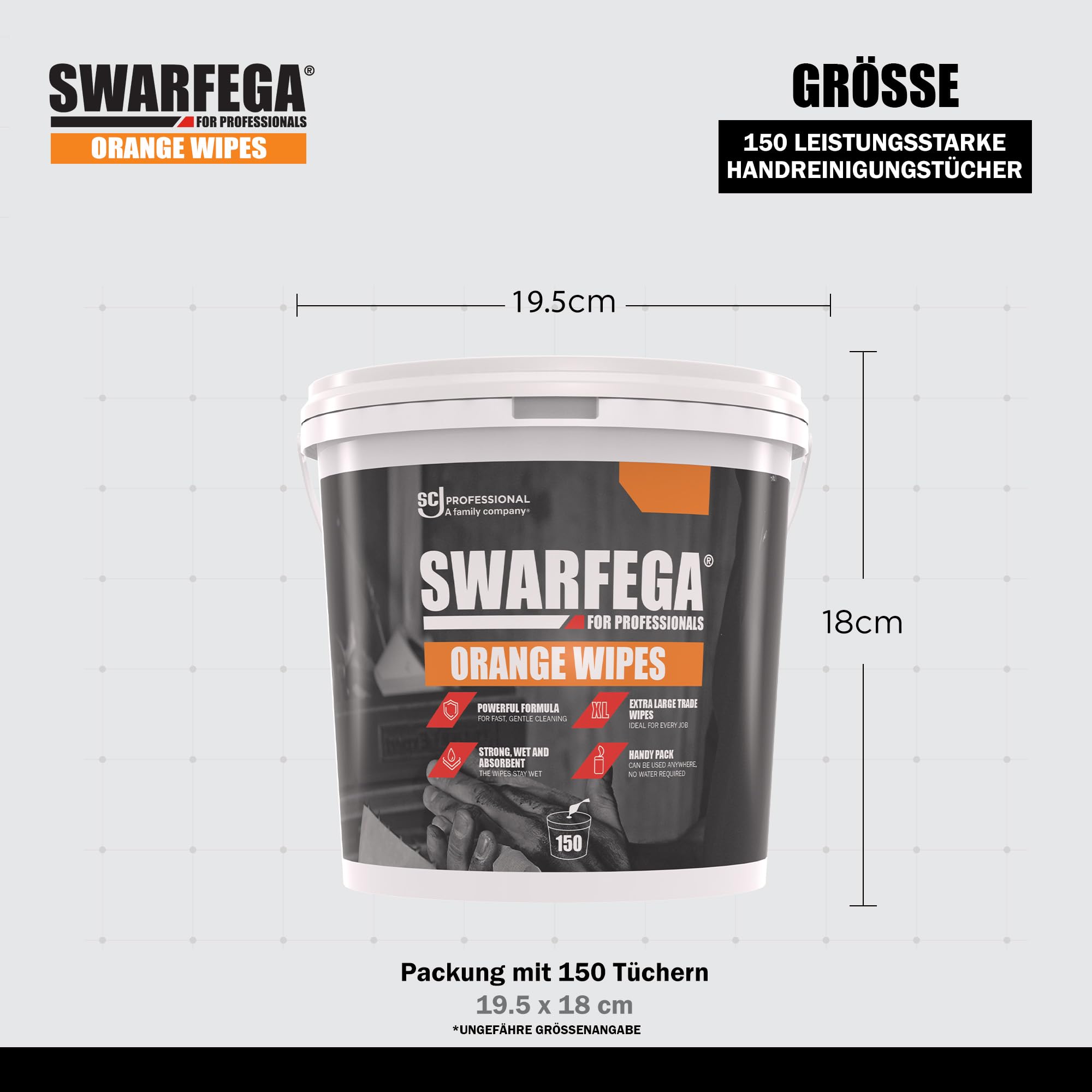 Swarfega Orange Handreinigungstücher – Entfernen Fett, Öl & Schmutz – Feuchte Reinigungstücher mit Hautpflegemitteln – 150 Tücher – Für gewerbliche Anwendung